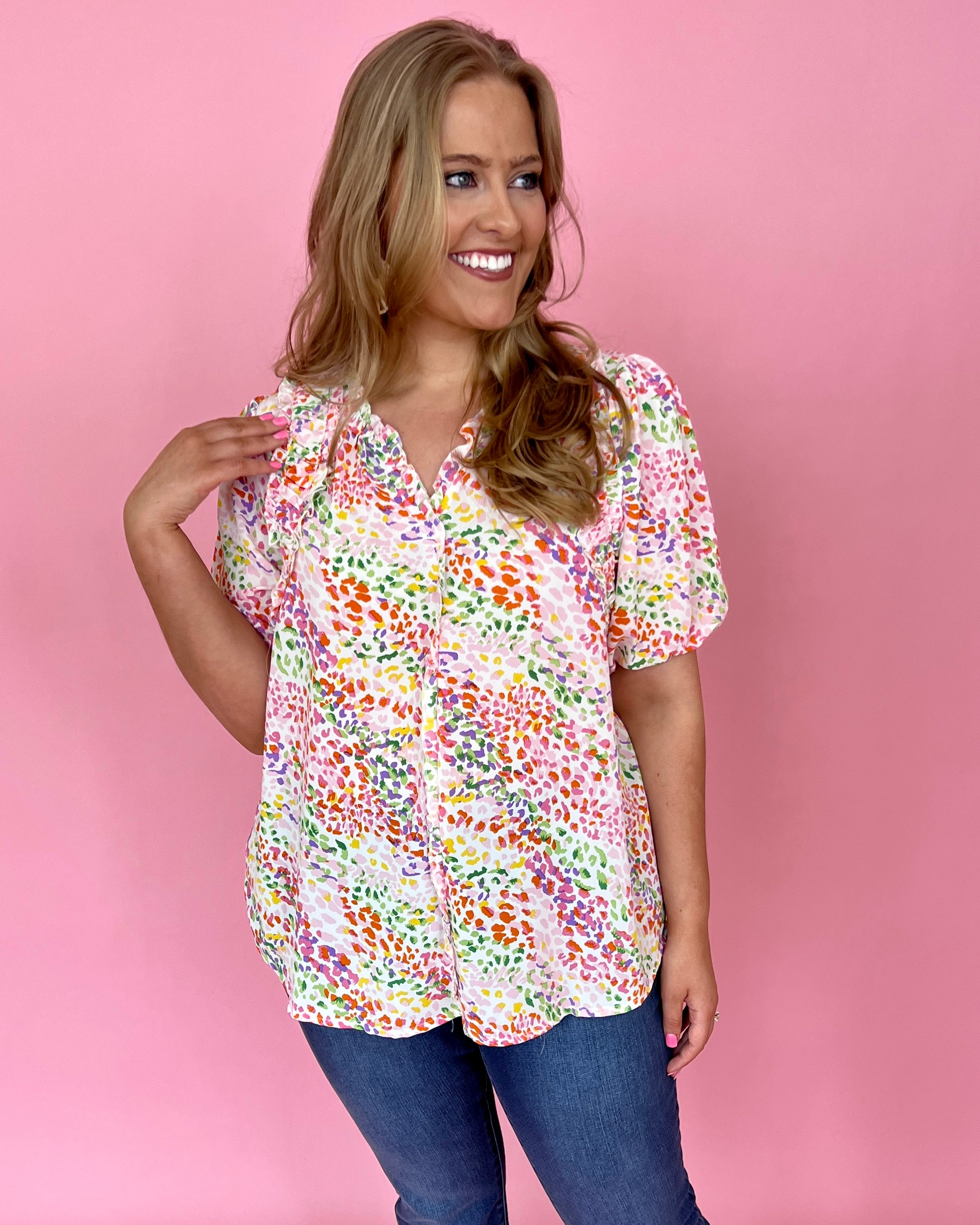 Take My Hand Pink Plus Abstract Print Split Neck Top-Shop-Womens-Boutique-Clothing