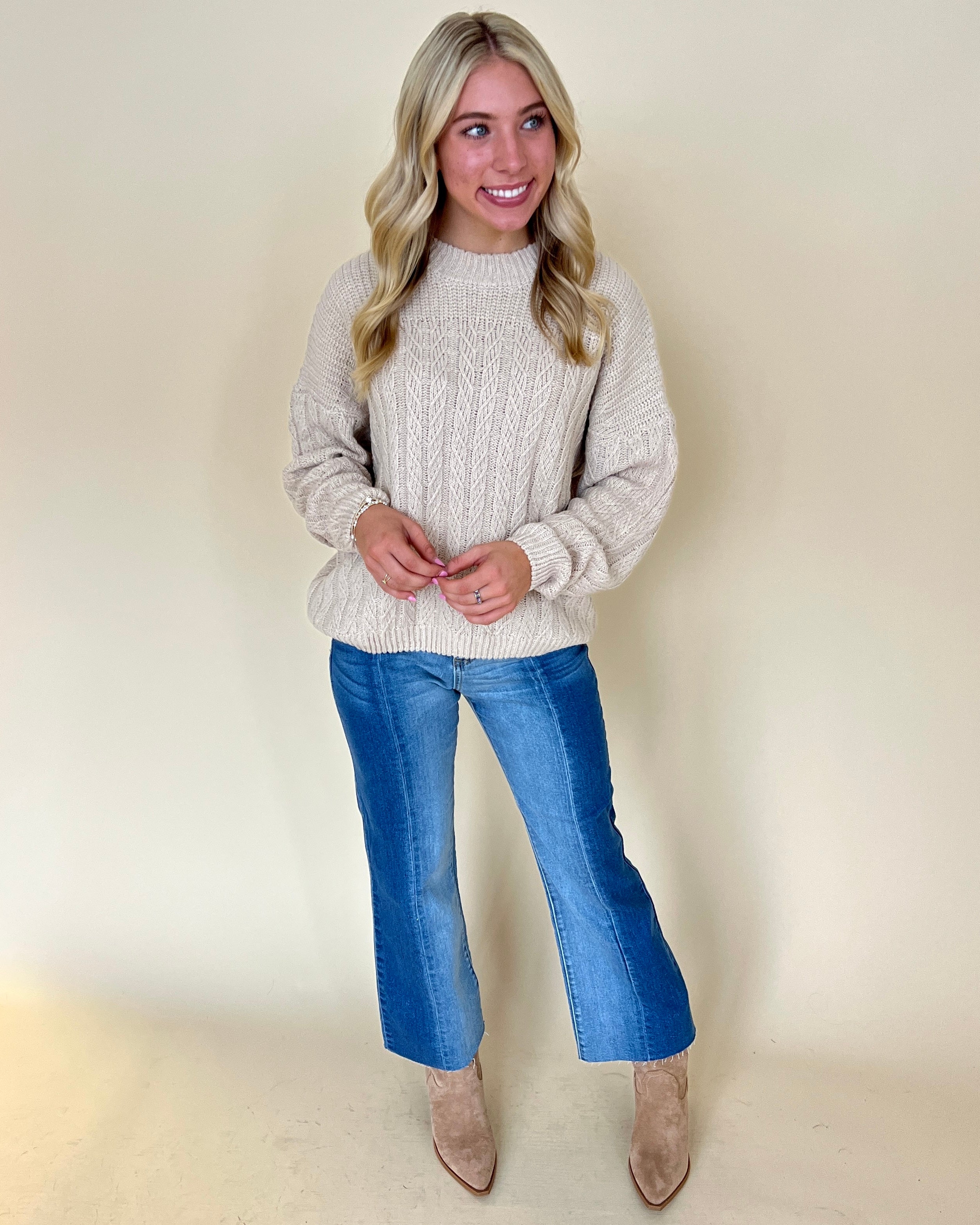 More To Say Sand Crochet Knit Sweater-Shop-Womens-Boutique-Clothing