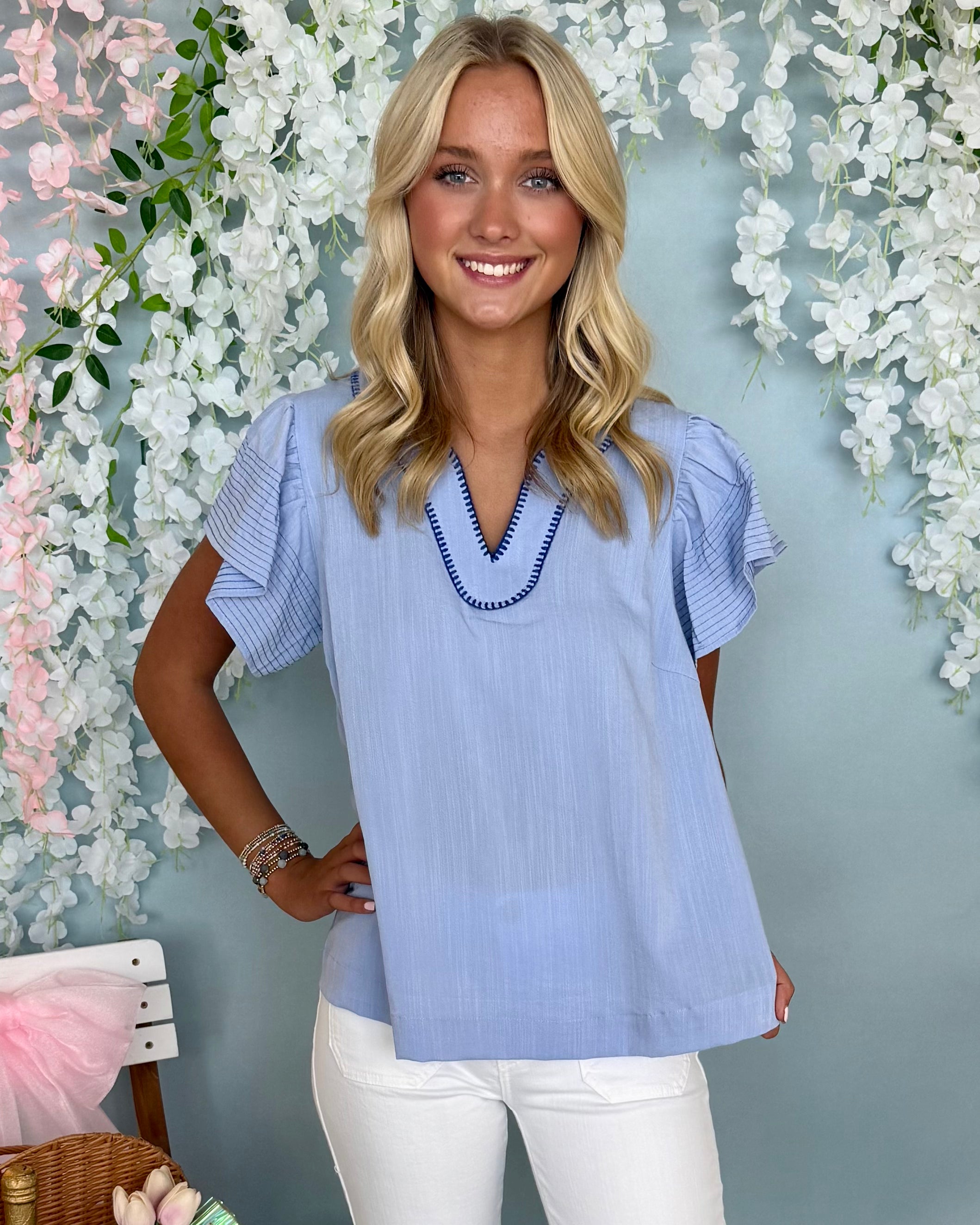 Lovely Details Lt Blue Contrast Stitch Top-Shop-Womens-Boutique-Clothing