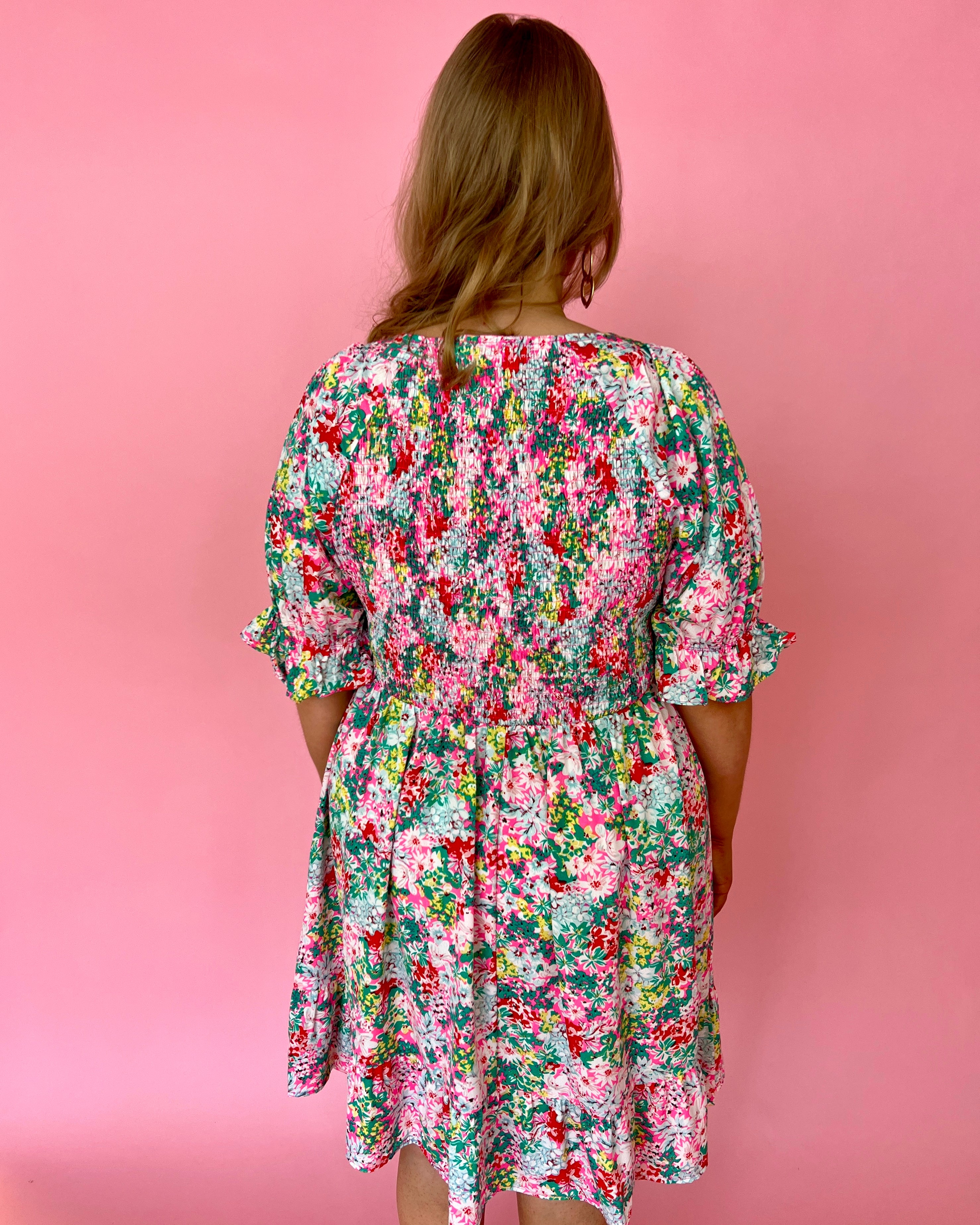 Spring Days Hot Pink Plus Floral Smocked Ruffle Dress-Shop-Womens-Boutique-Clothing