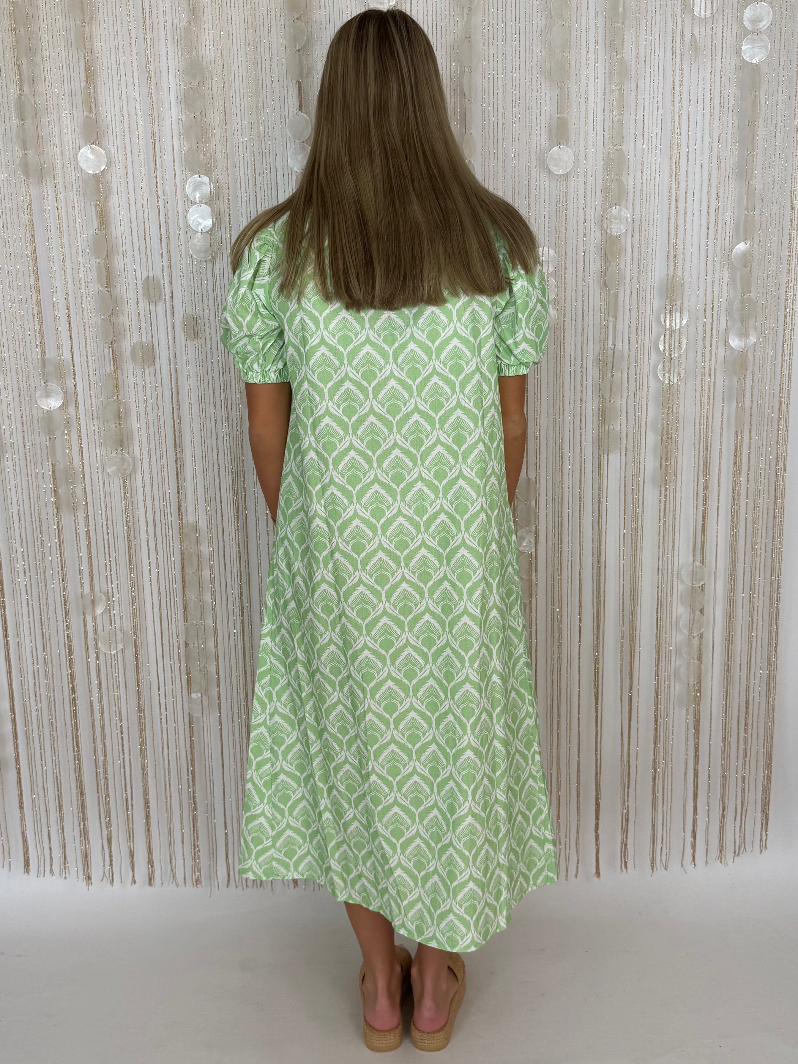 Sweetly Detailed Apple Green Mix Print Button Down Midi Dress-Shop-Womens-Boutique-Clothing