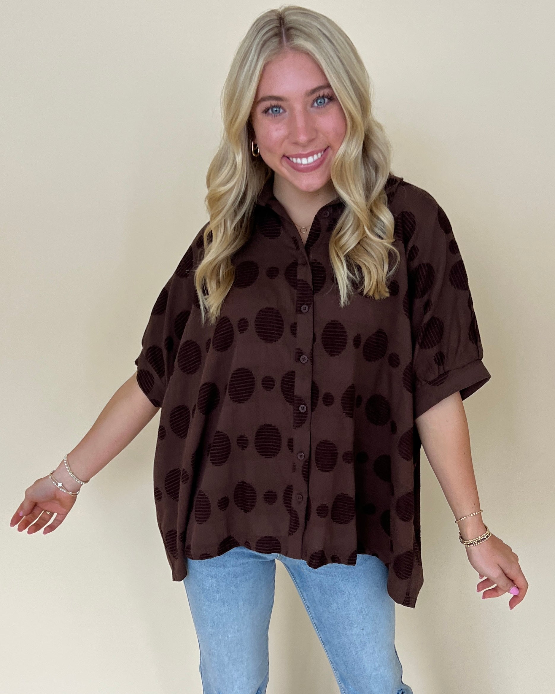 I Need You Brown Textured Dot Collared Top-Shop-Womens-Boutique-Clothing