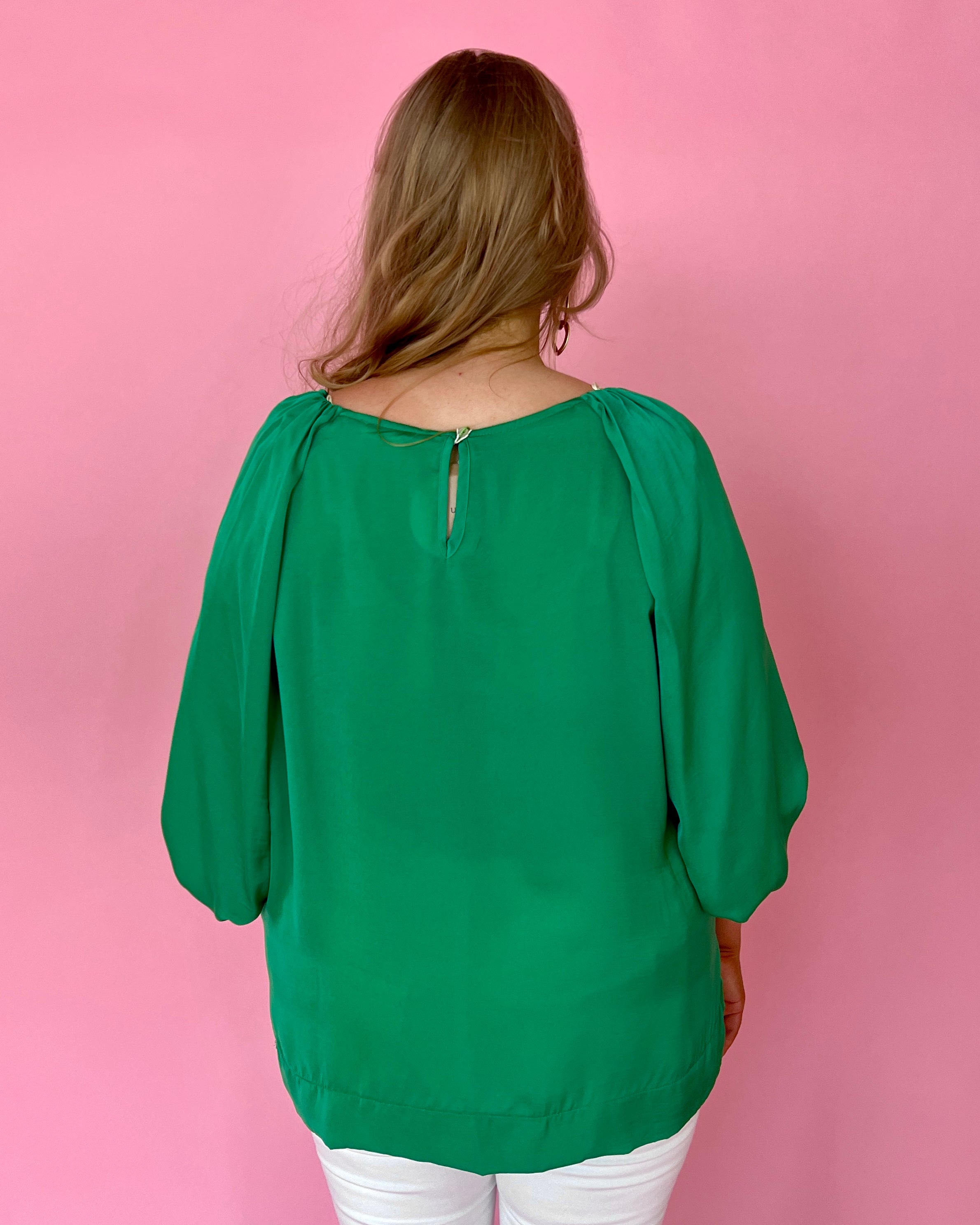Lucky Me Kelly Green Plus Satin Balloon Sleeve Top-Shop-Womens-Boutique-Clothing