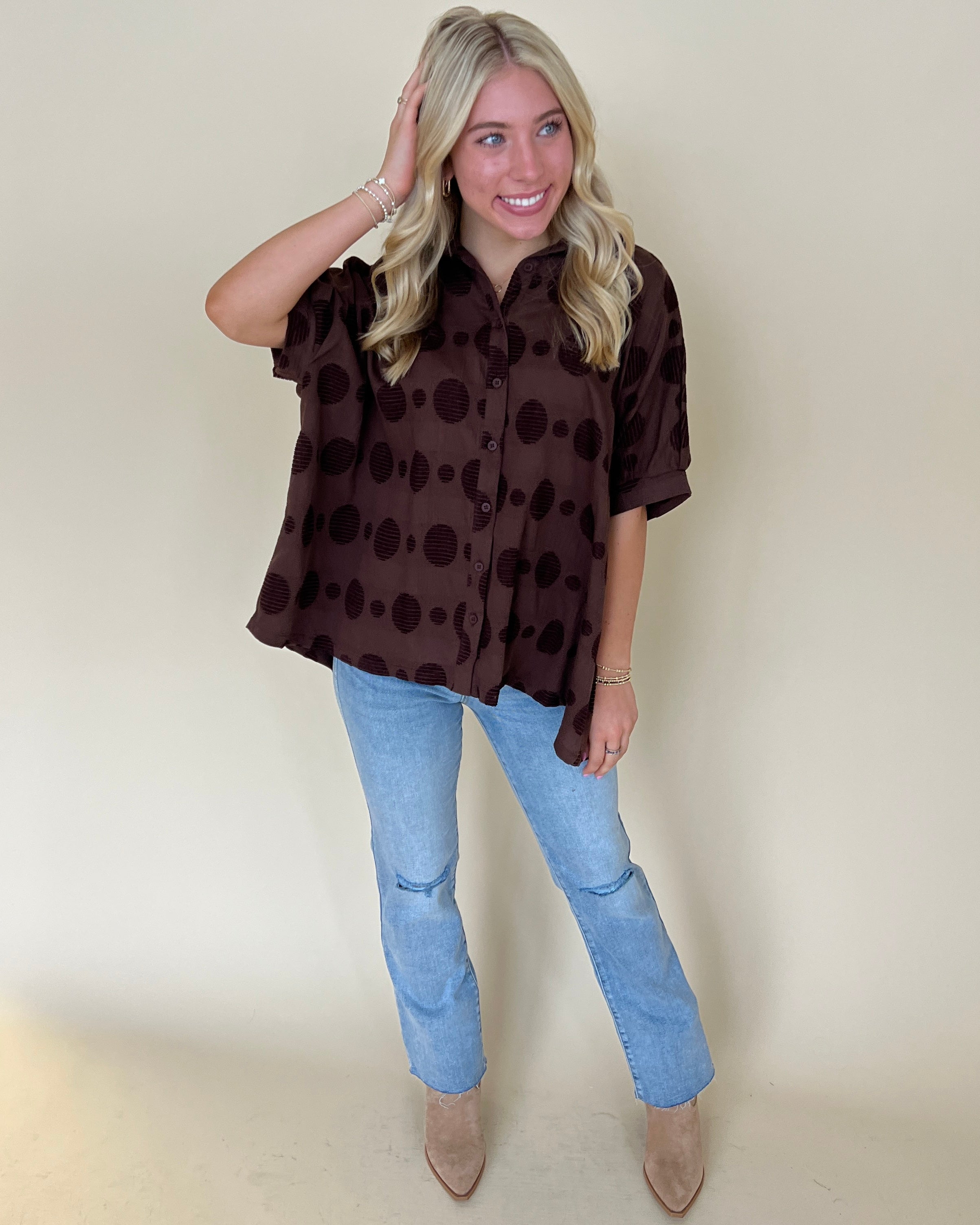 I Need You Brown Textured Dot Collared Top-Shop-Womens-Boutique-Clothing