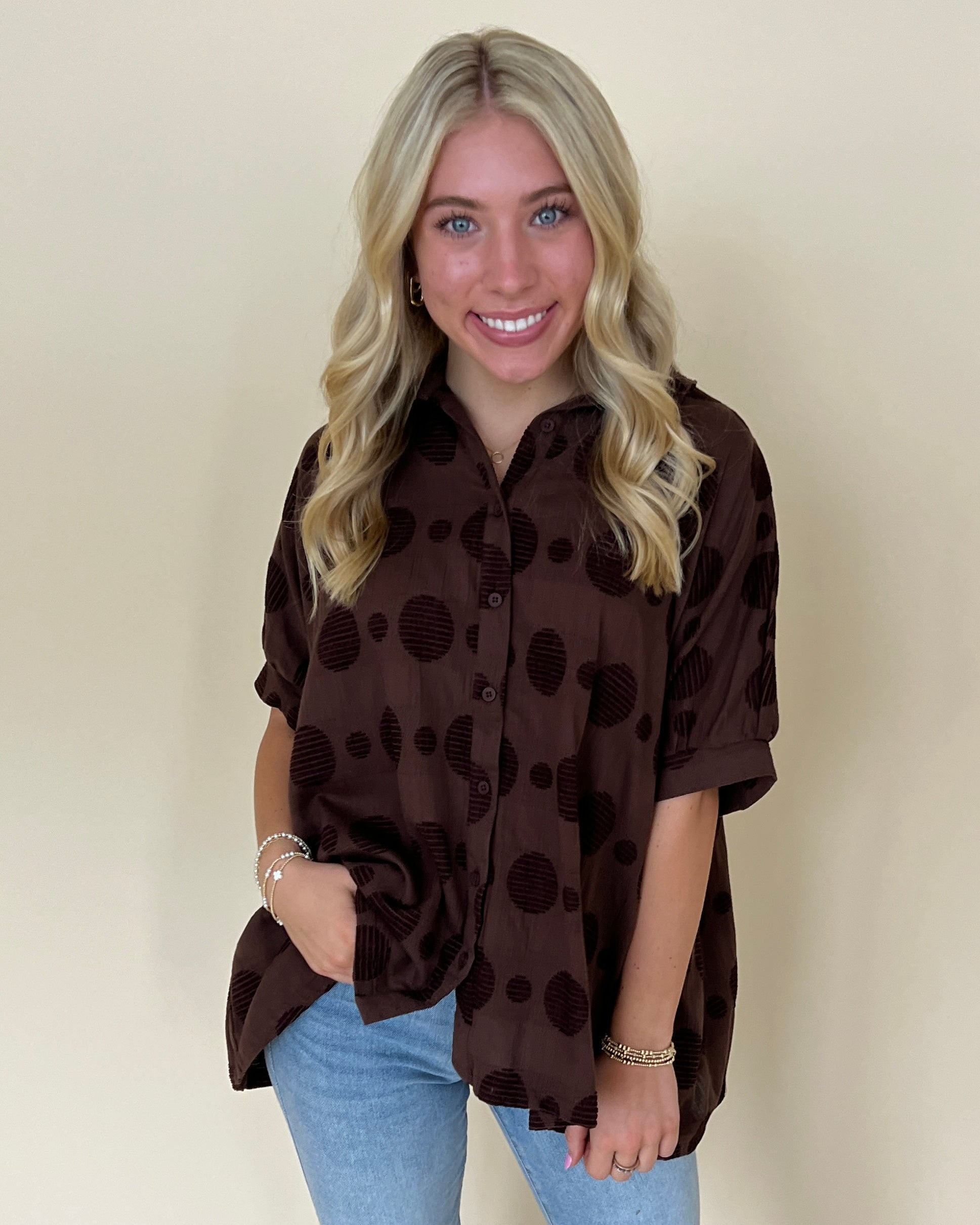 I Need You Brown Textured Dot Collared Top-Shop-Womens-Boutique-Clothing