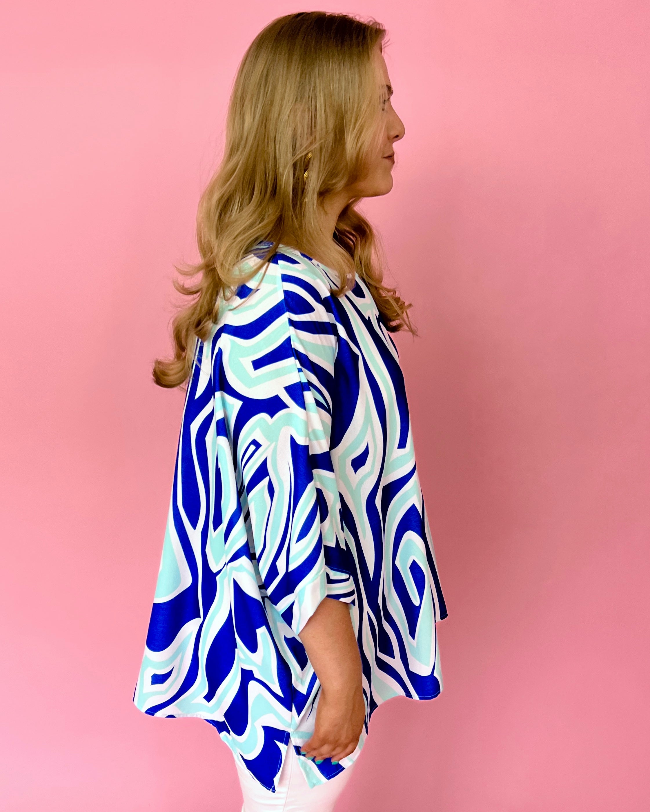 Paradise Island Blue Multi Plus Abstract Print Dolman Sleeve Relaxed Top-Shop-Womens-Boutique-Clothing