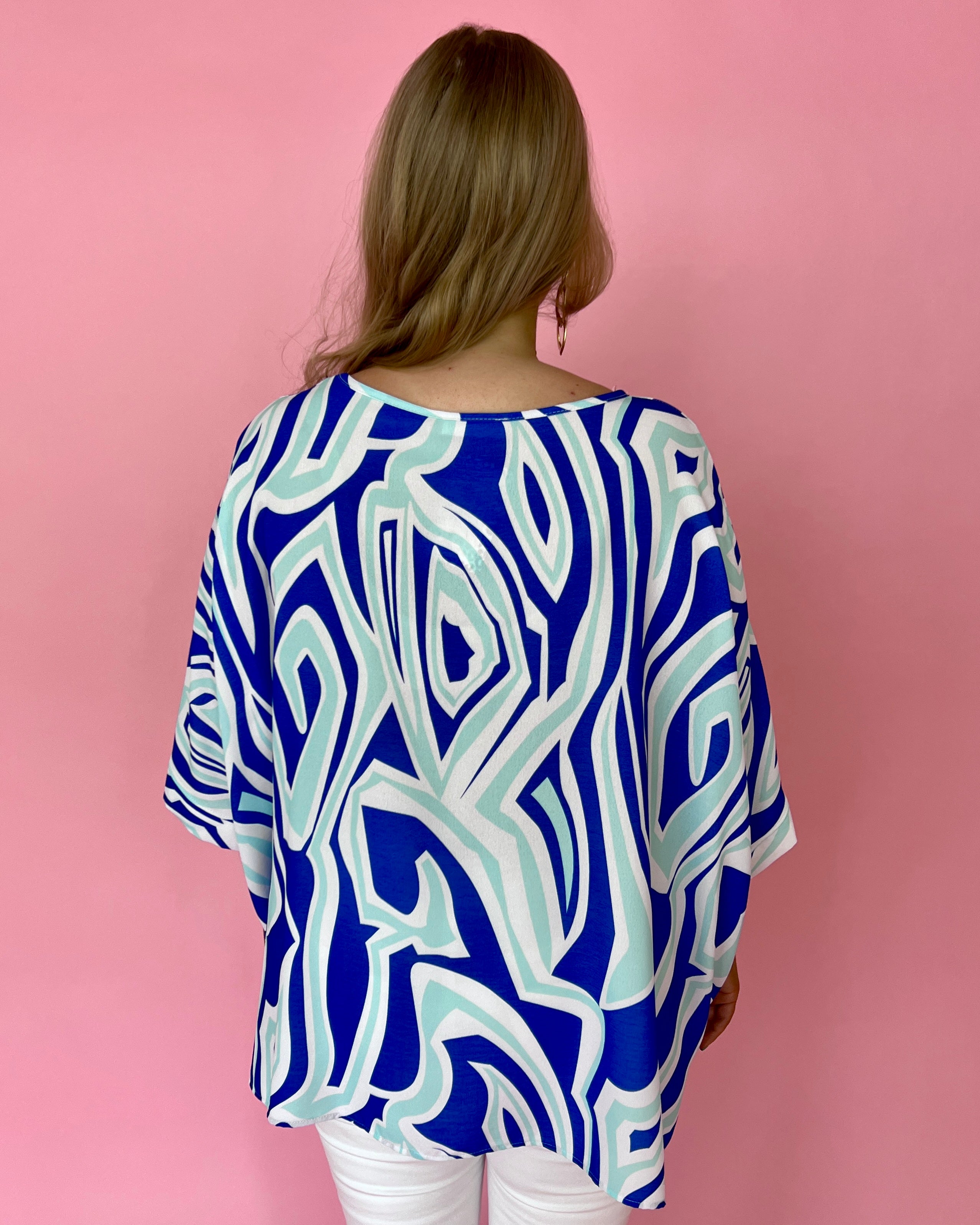 Paradise Island Blue Multi Plus Abstract Print Dolman Sleeve Relaxed Top-Shop-Womens-Boutique-Clothing
