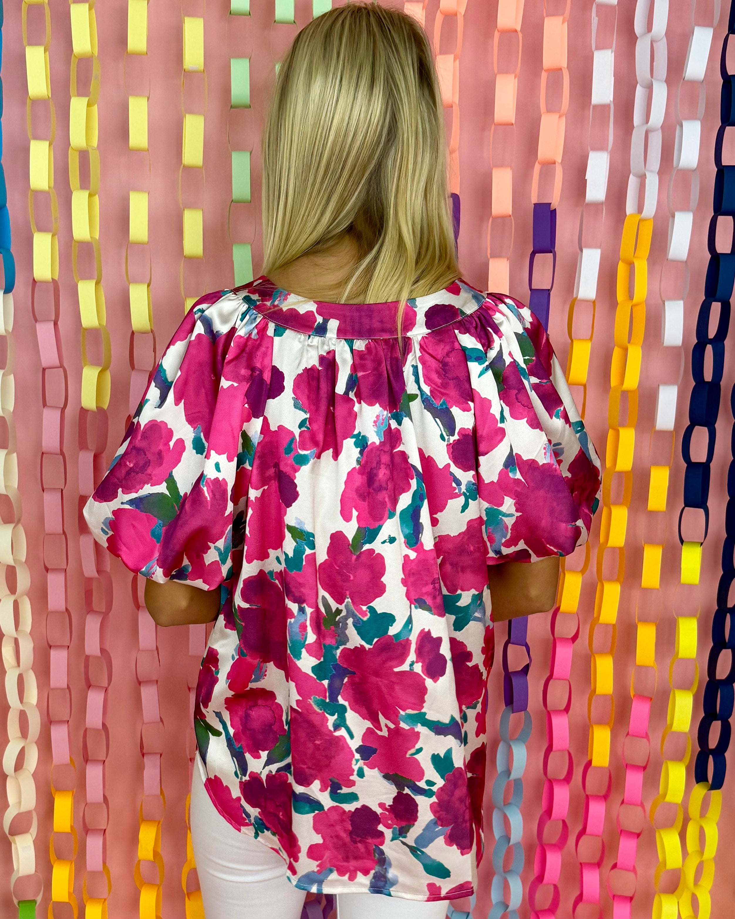 Sweetly Tied Fuchsia Floral Placket Top-Shop-Womens-Boutique-Clothing