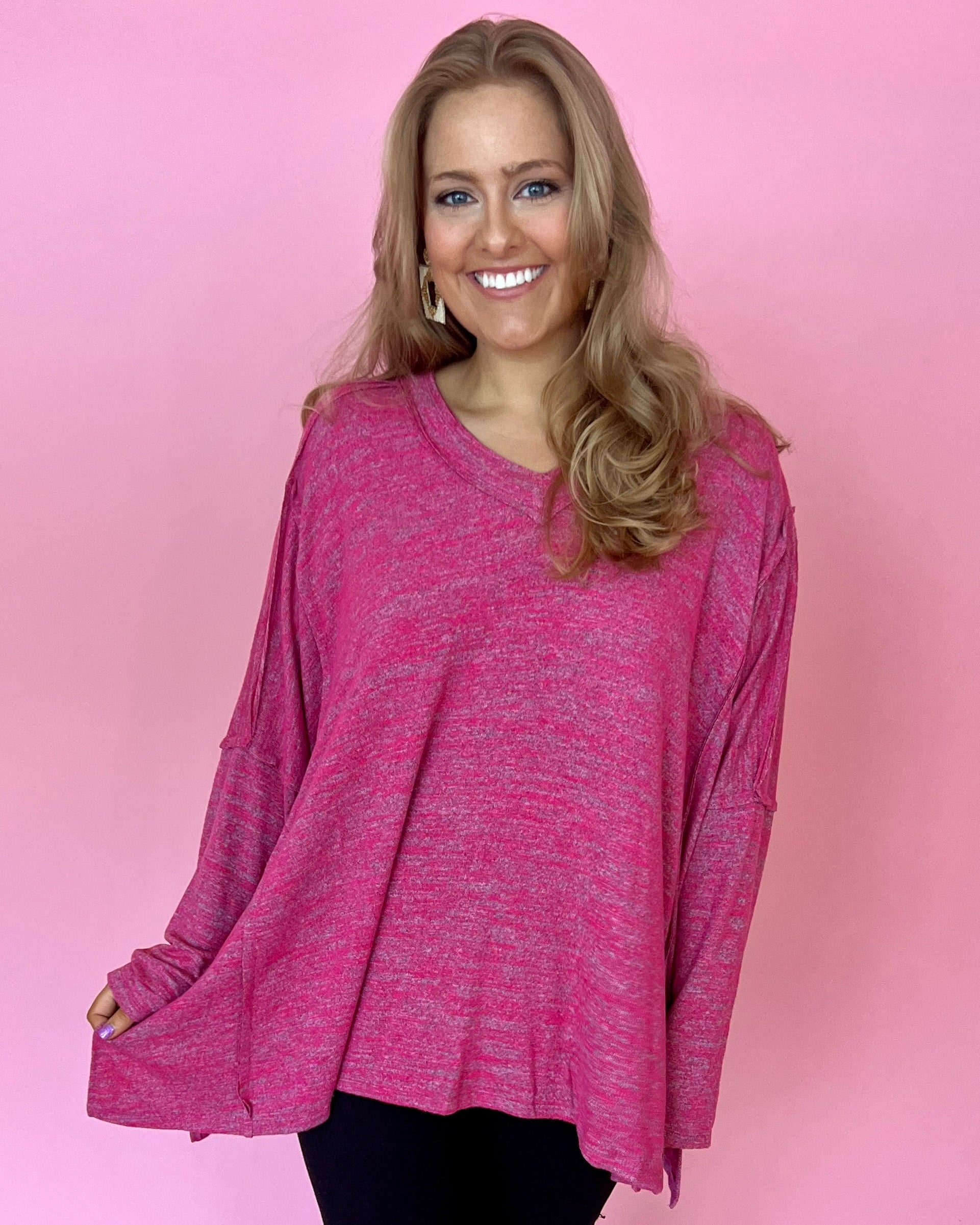 Cozying Up Fuchsia Plus Heathered V-neck Dolman Top-Shop-Womens-Boutique-Clothing