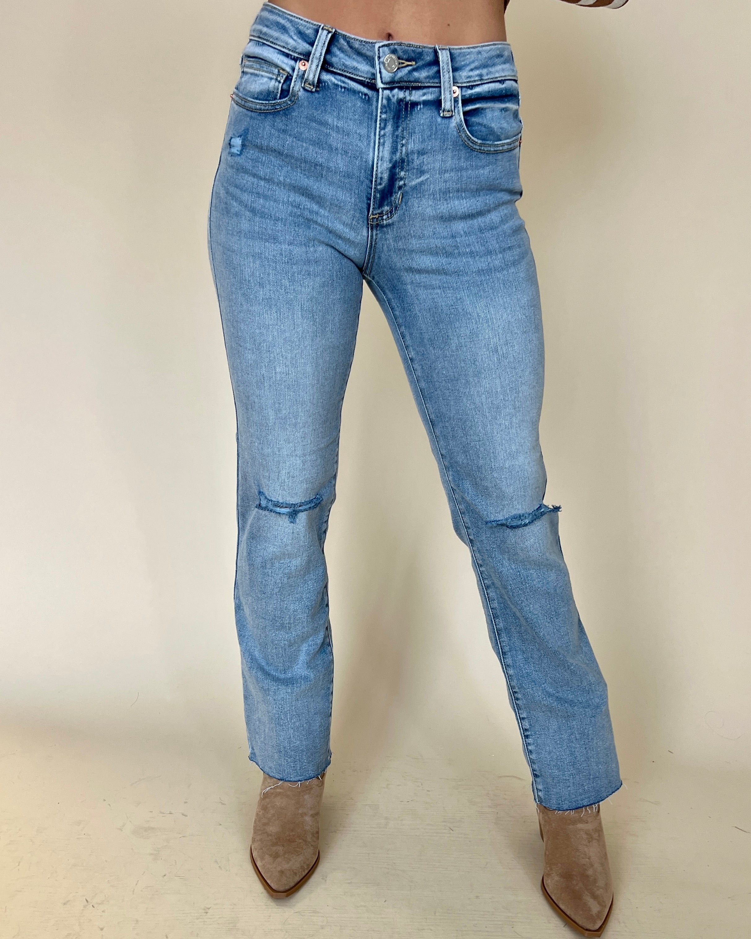Make Your Point Light Vintage Distressed Slim Straight Jeans-Shop-Womens-Boutique-Clothing