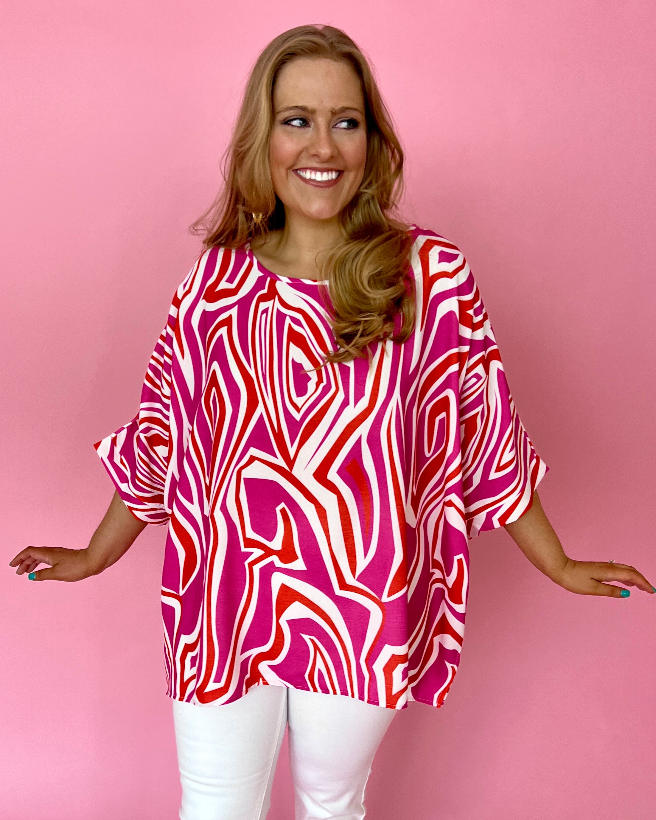 Pretty In Pink Plus Abstract Print Dolman Sleeve Top-Shop-Womens-Boutique-Clothing