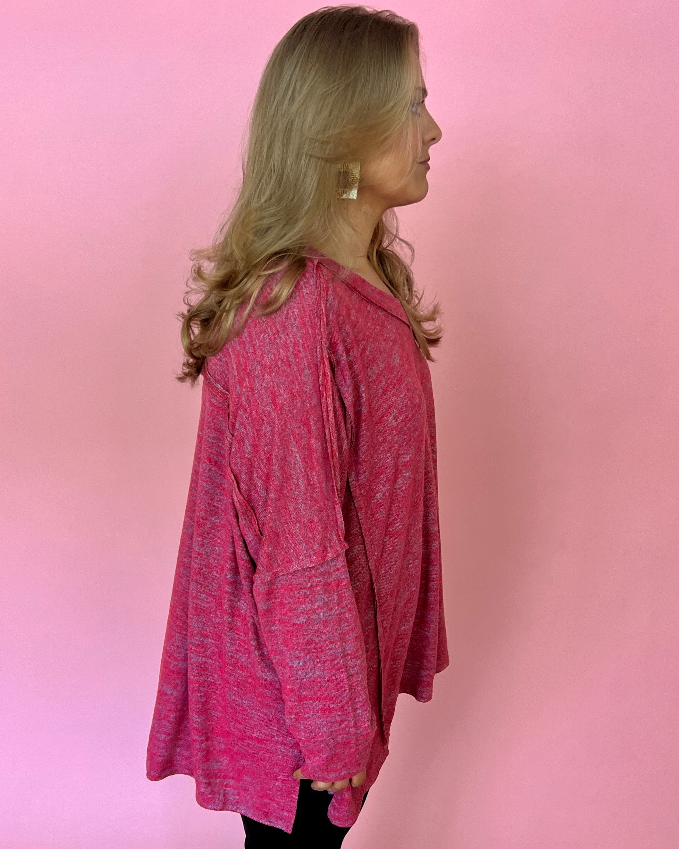 Cozying Up Fuchsia Plus Heathered V-neck Dolman Top-Shop-Womens-Boutique-Clothing