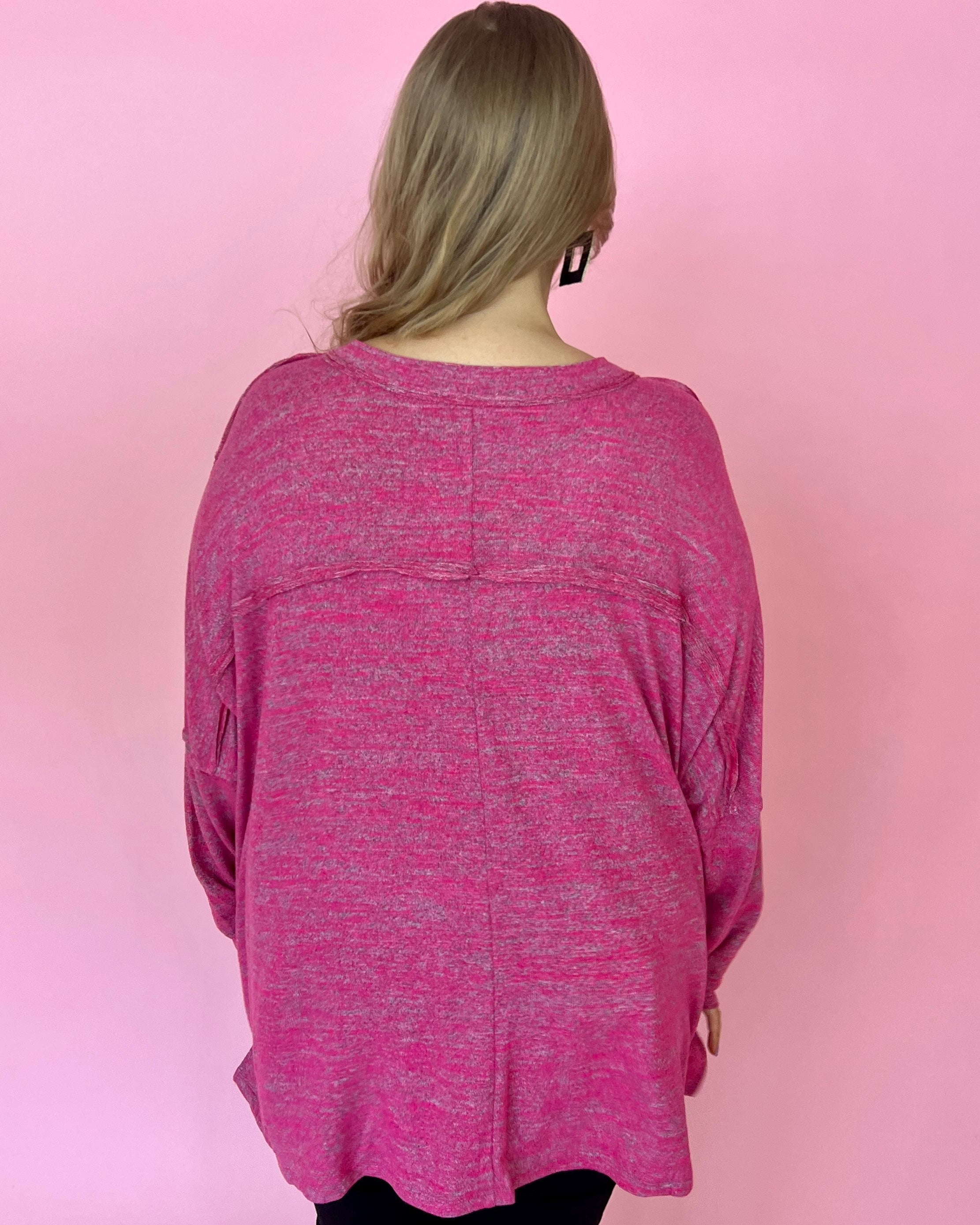 Cozying Up Fuchsia Plus Heathered V-neck Dolman Top-Shop-Womens-Boutique-Clothing