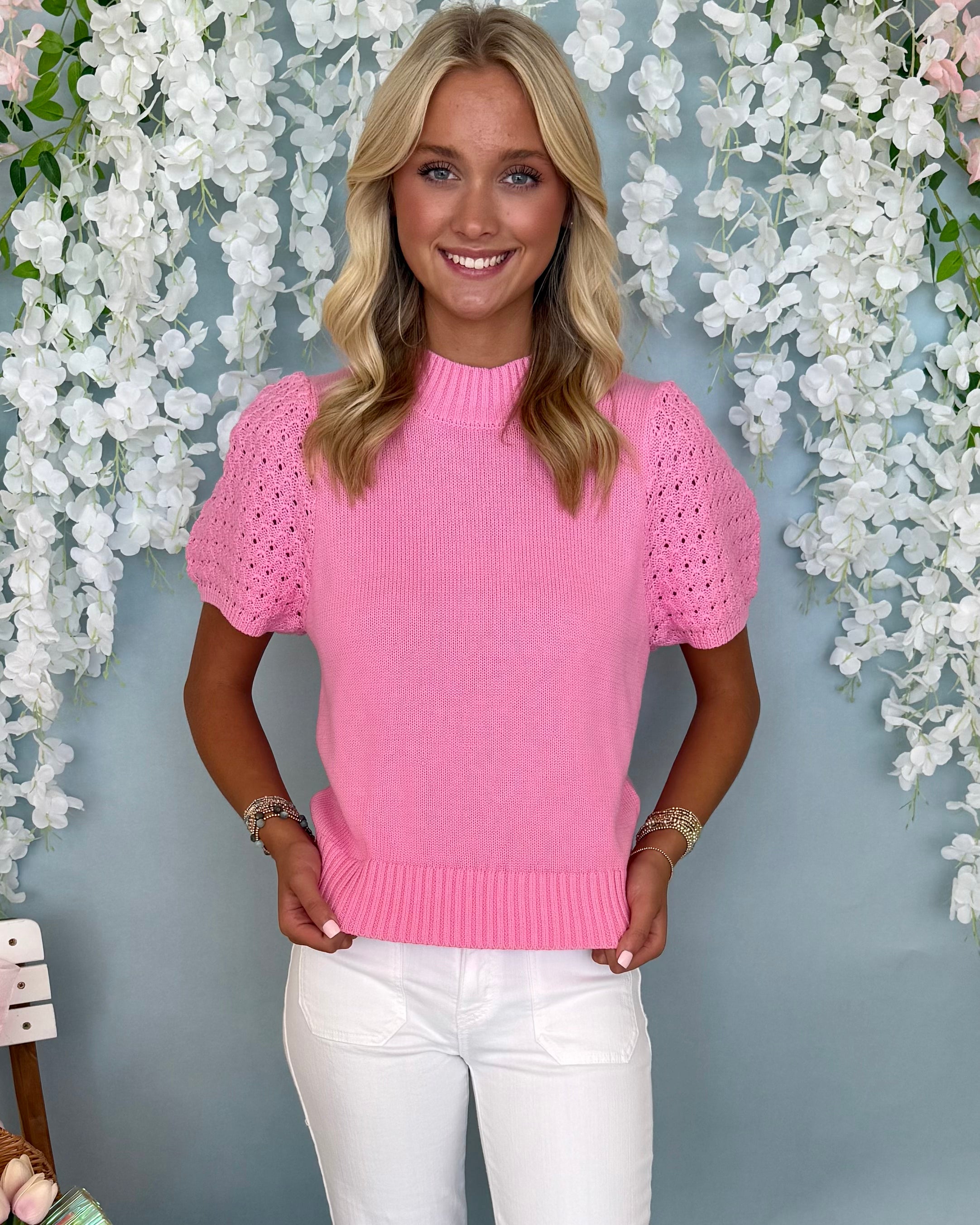 Dreamy Evenings Bubble Gum Crochet Sweater-Shop-Womens-Boutique-Clothing