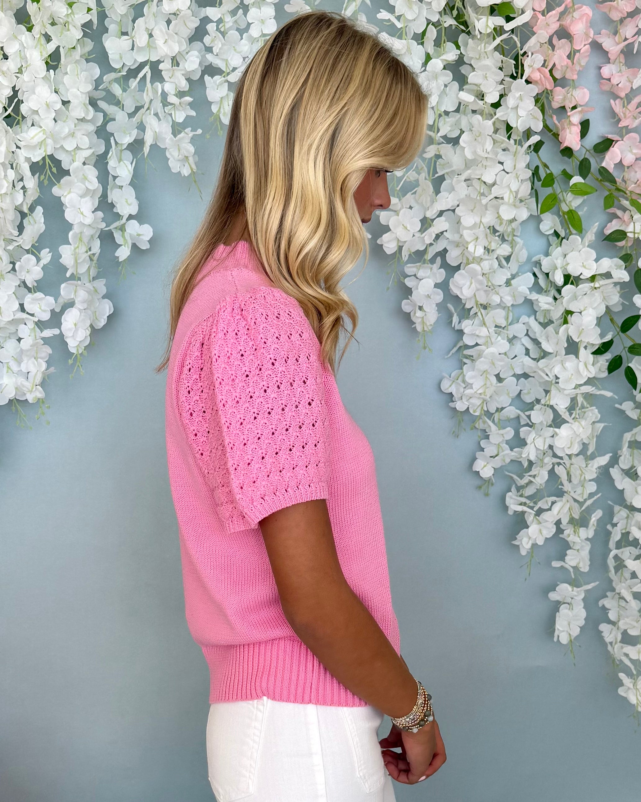 Dreamy Evenings Bubble Gum Crochet Sweater-Shop-Womens-Boutique-Clothing