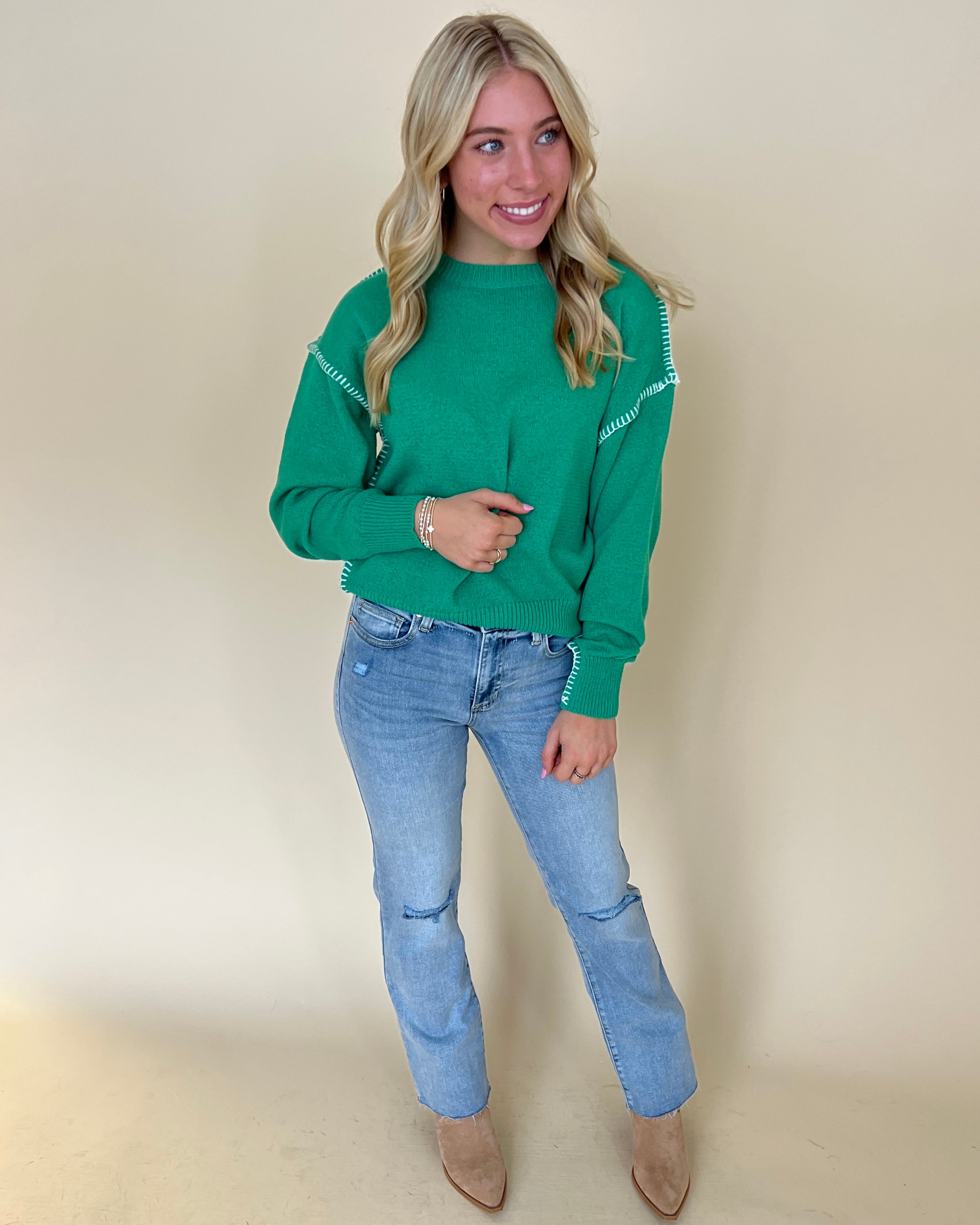 Right Here Kelly Green Contrast Stitching Sweater-Shop-Womens-Boutique-Clothing