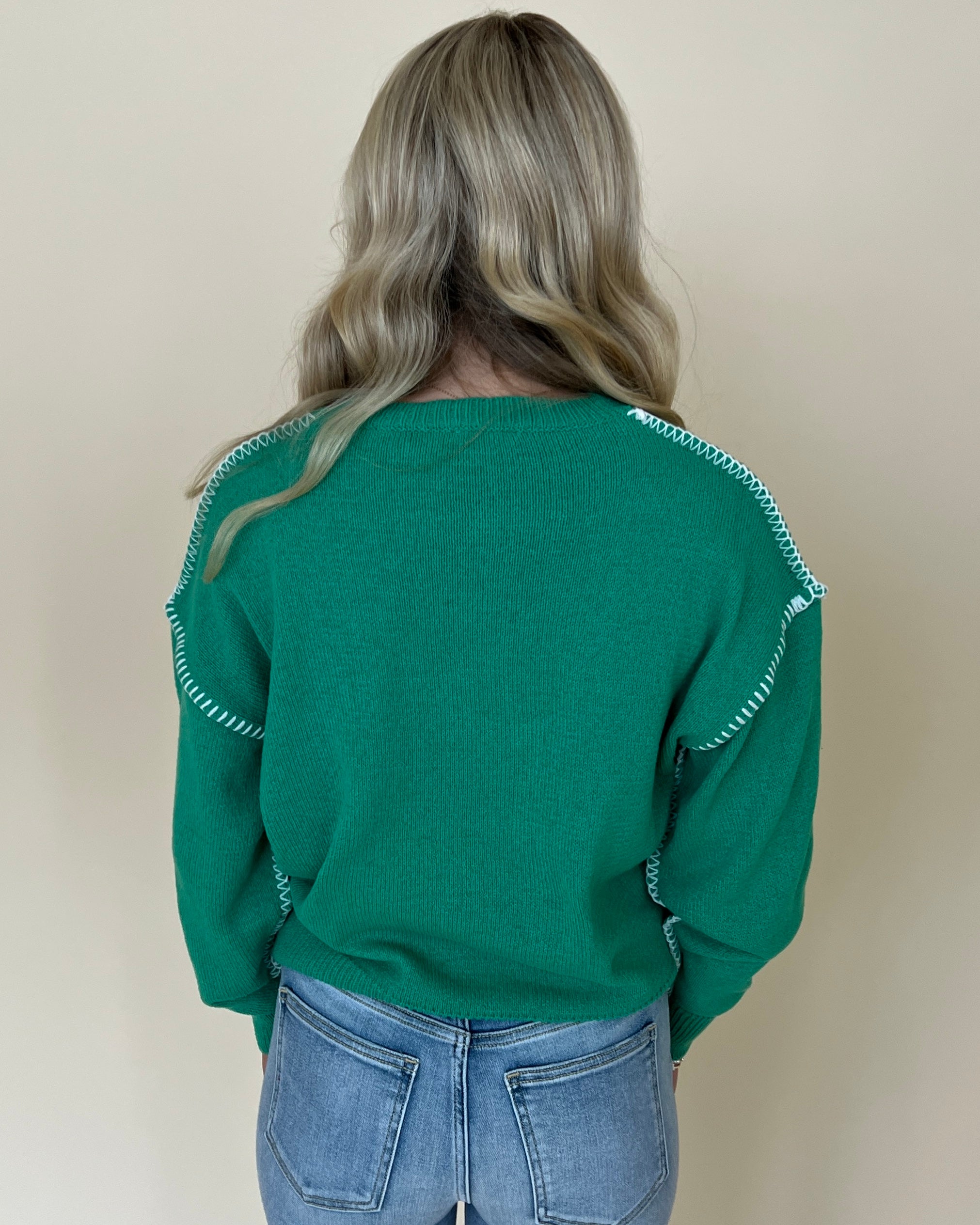 Right Here Kelly Green Contrast Stitching Sweater-Shop-Womens-Boutique-Clothing