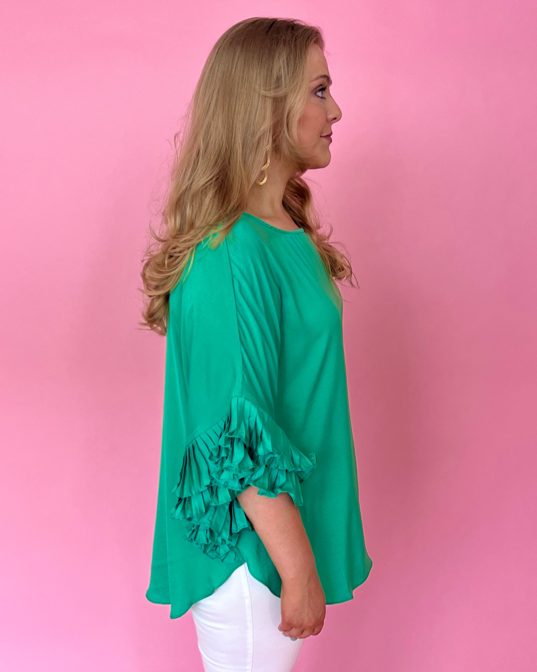 Work Together Kelly Green Plus Dolman Satin Ruffle Sleeve Top-Shop-Womens-Boutique-Clothing