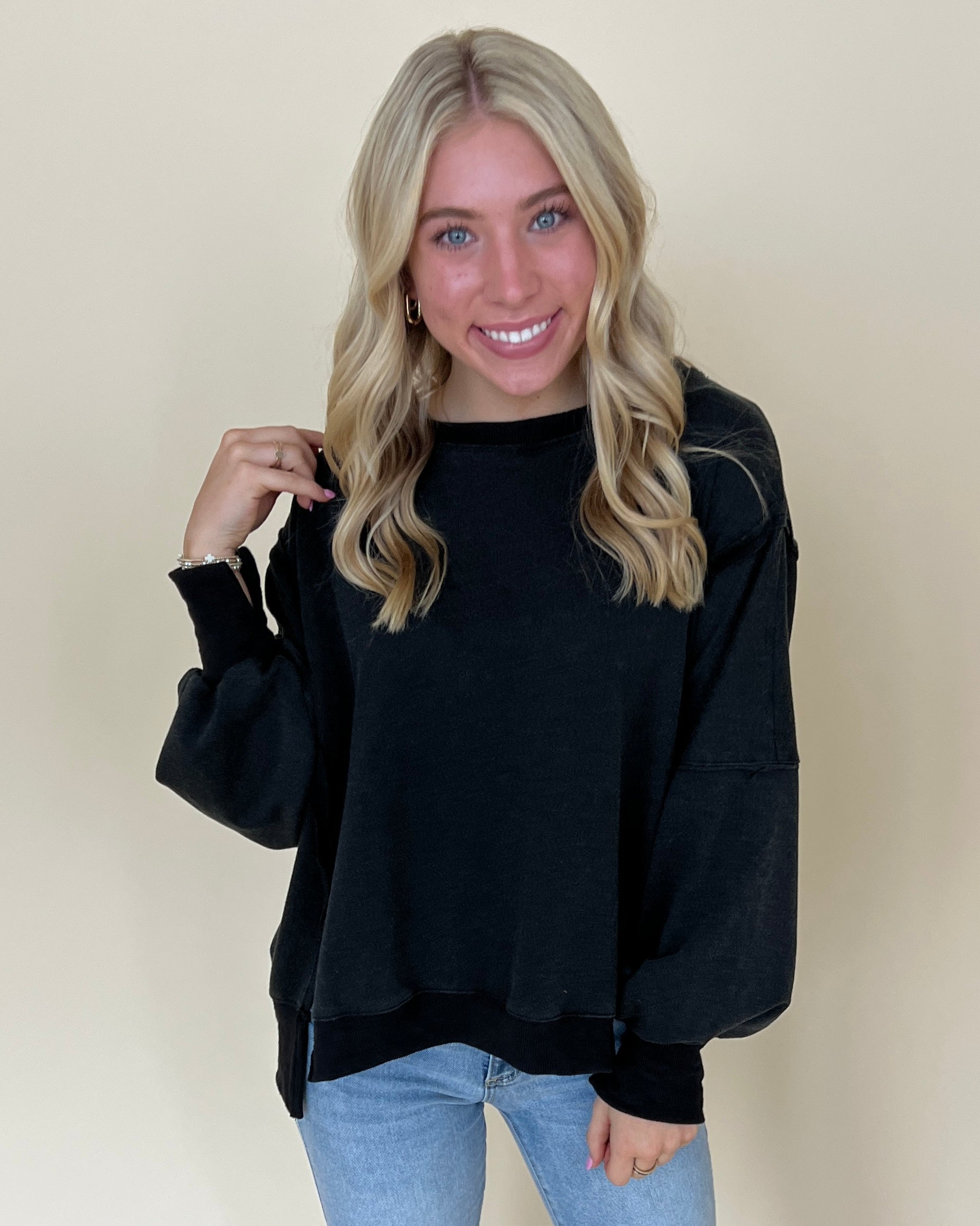 Holding Me Black Raw Edge Sweatshirt-Shop-Womens-Boutique-Clothing
