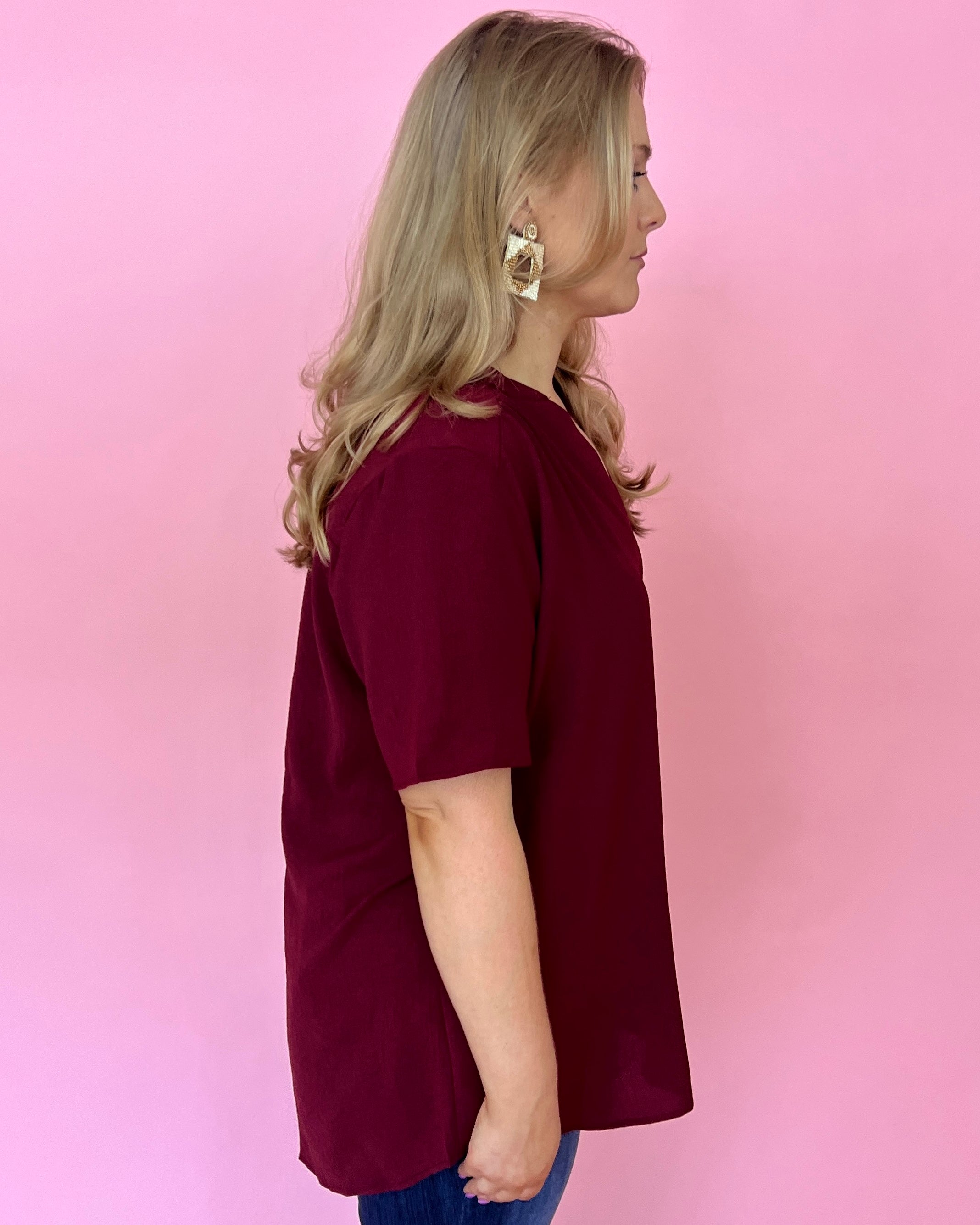 Clear To Me Burgundy Plus V Neck Placket Top-Shop-Womens-Boutique-Clothing