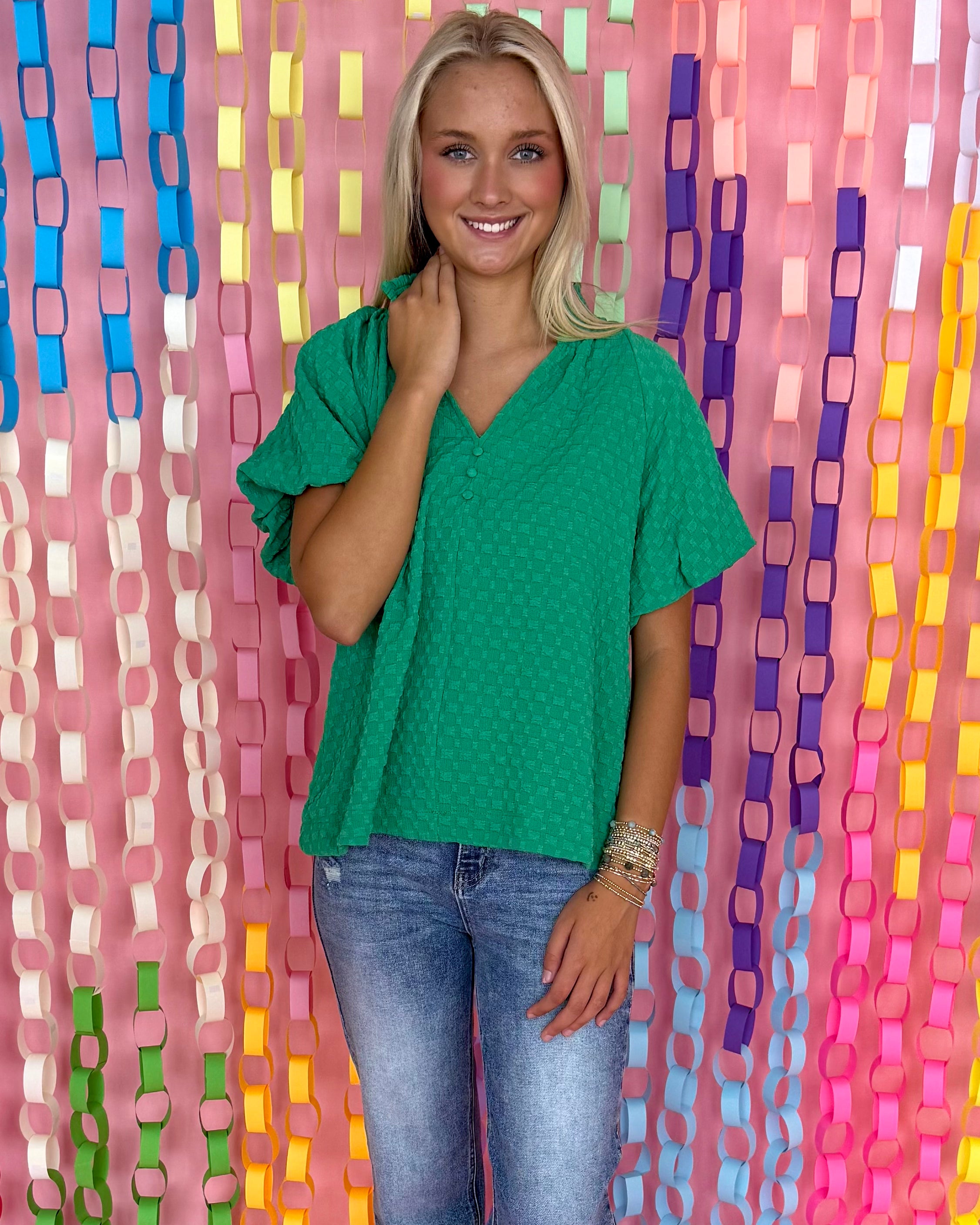Made To Love Green Jacquard Ruffle Neck Top-Shop-Womens-Boutique-Clothing