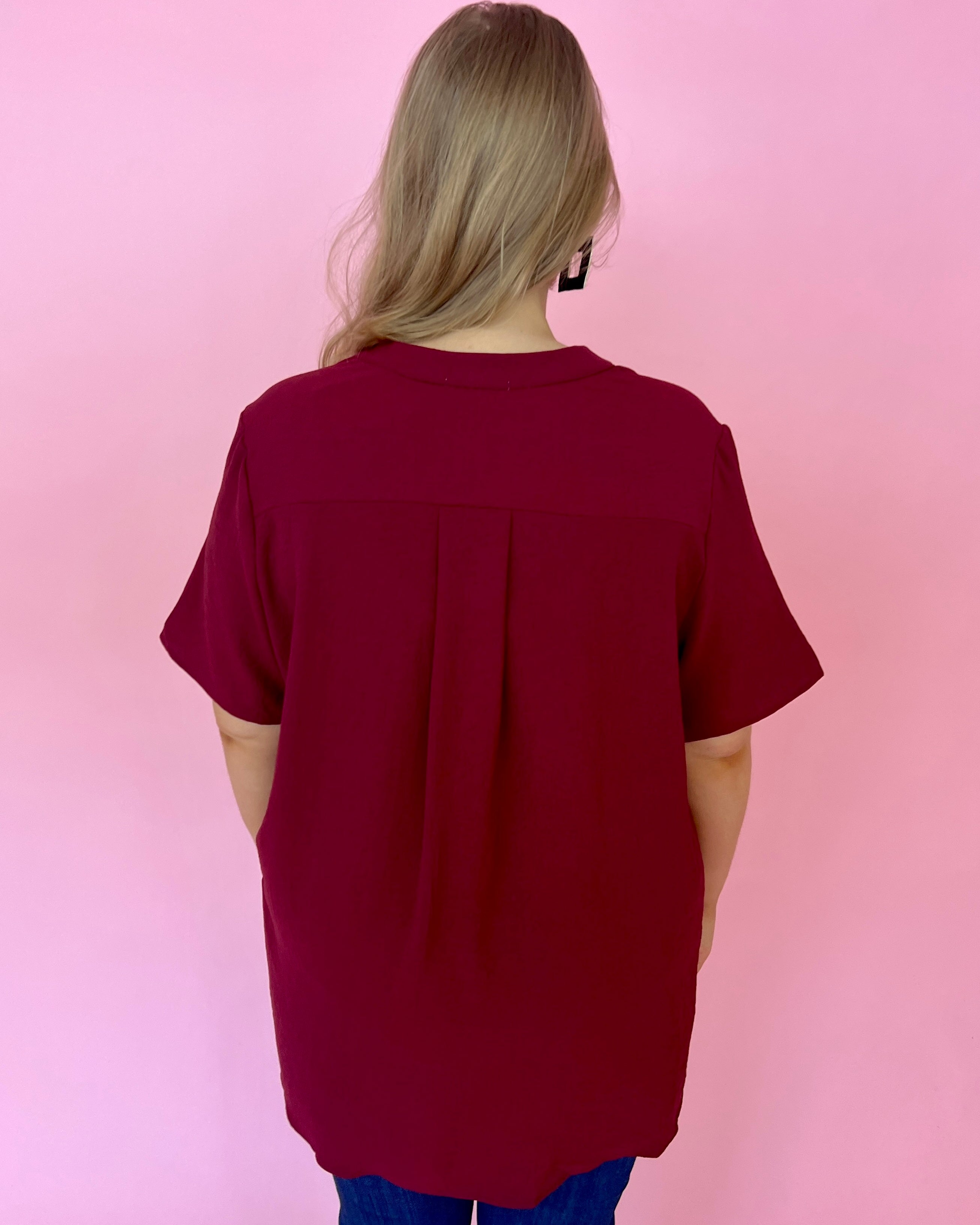 Clear To Me Burgundy Plus V Neck Placket Top-Shop-Womens-Boutique-Clothing