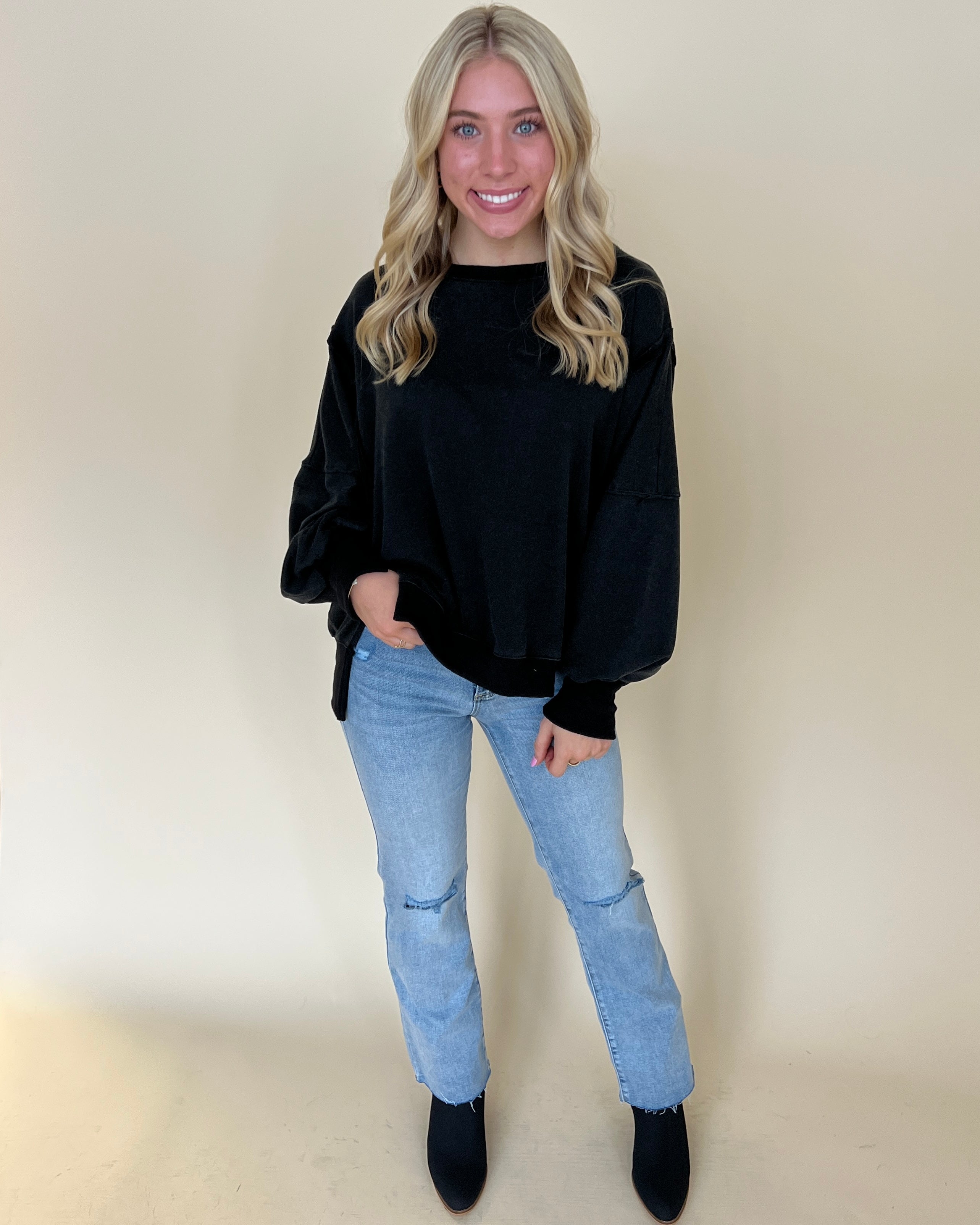 Holding Me Black Raw Edge Sweatshirt-Shop-Womens-Boutique-Clothing