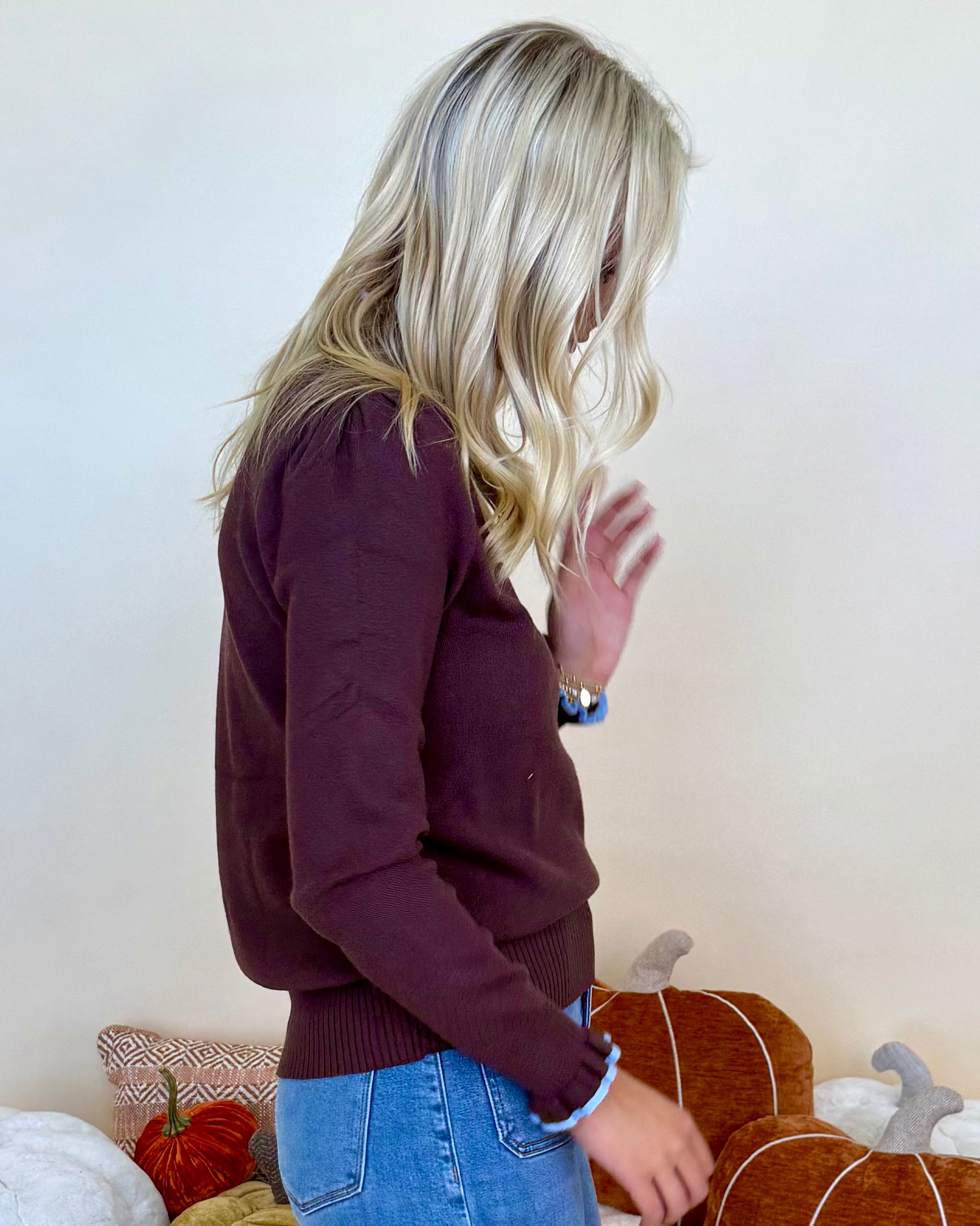 Here We Are Brown Ruffle Neck Sweater-Shop-Womens-Boutique-Clothing