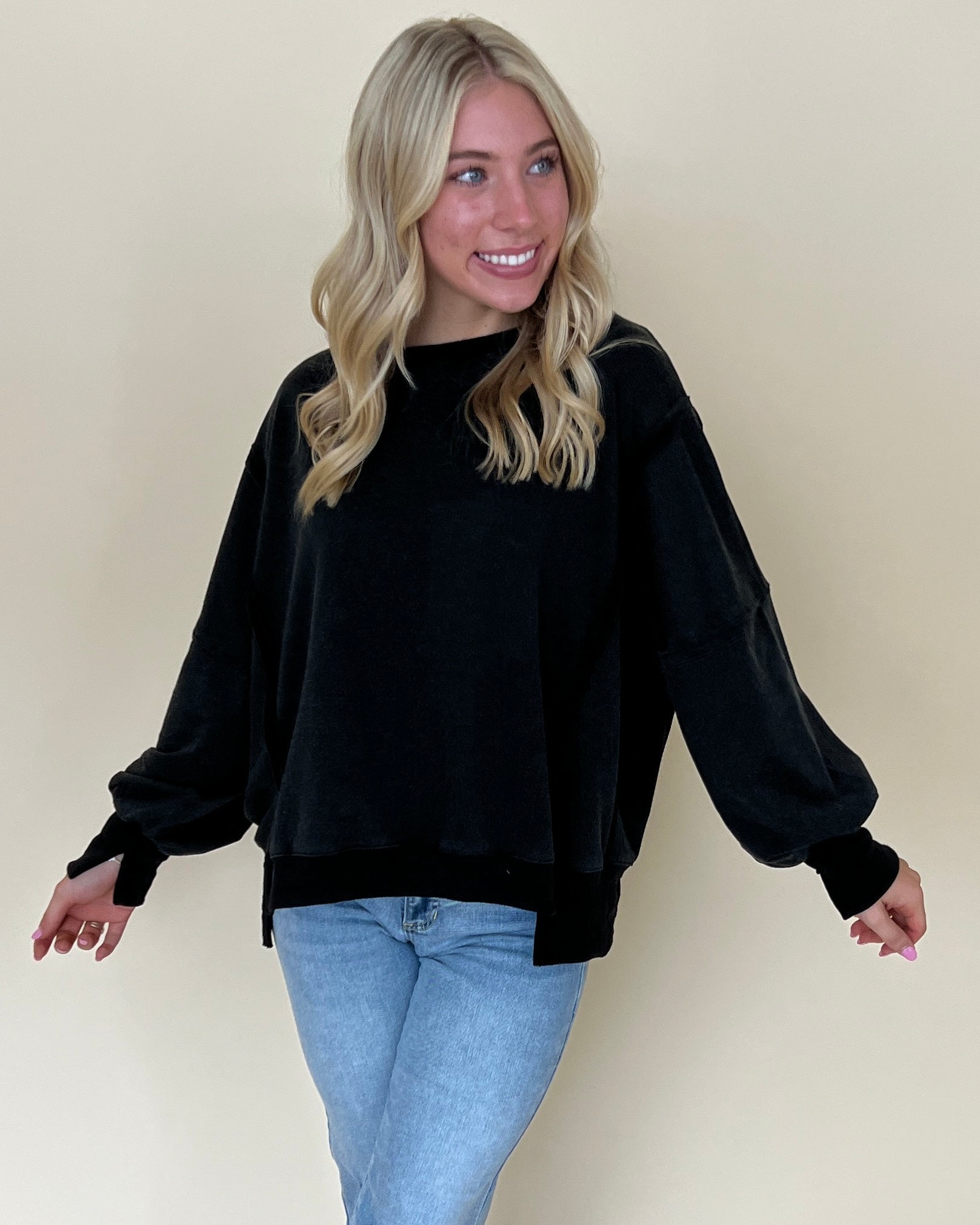 Holding Me Black Raw Edge Sweatshirt-Shop-Womens-Boutique-Clothing