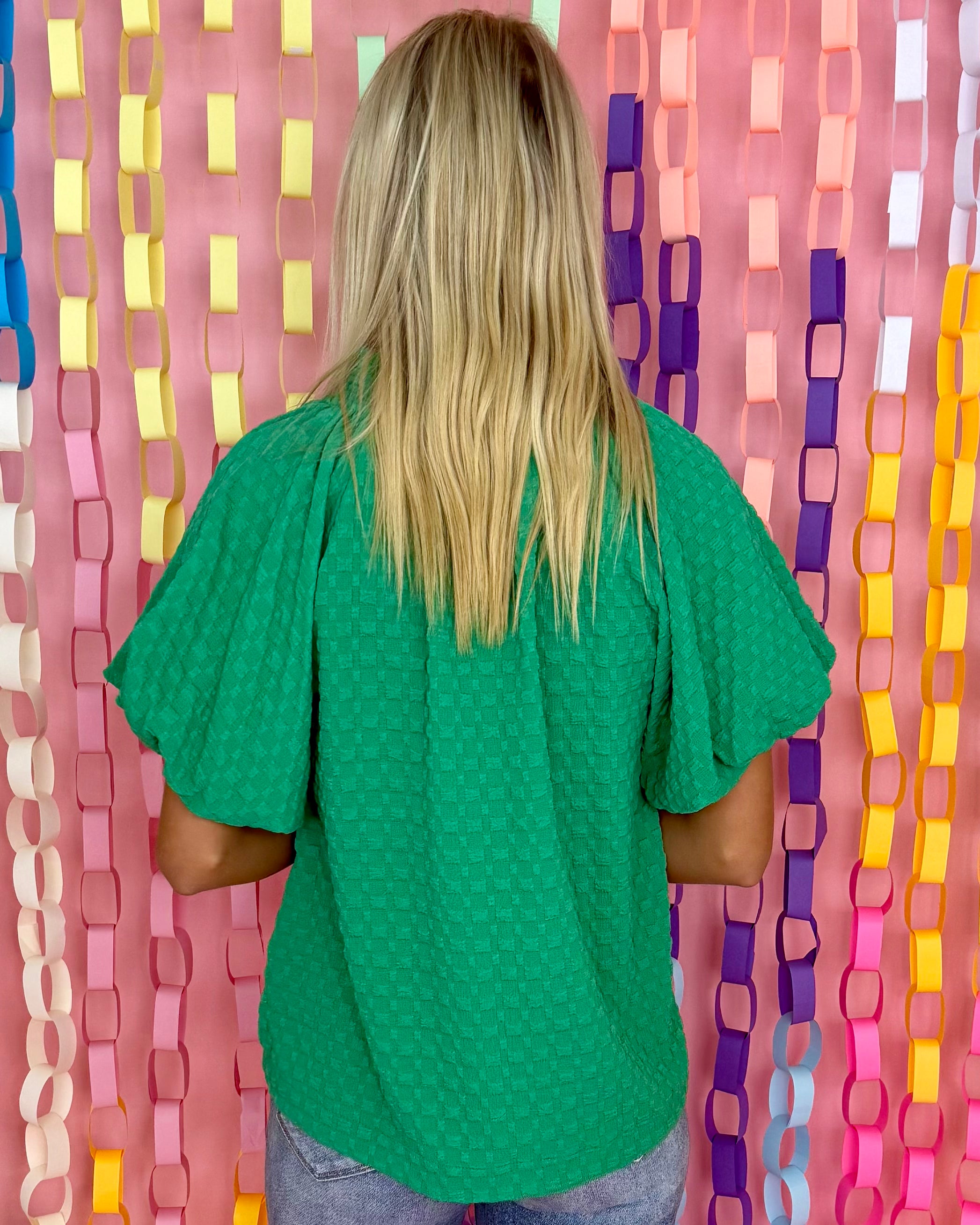 Made To Love Green Jacquard Ruffle Neck Top-Shop-Womens-Boutique-Clothing