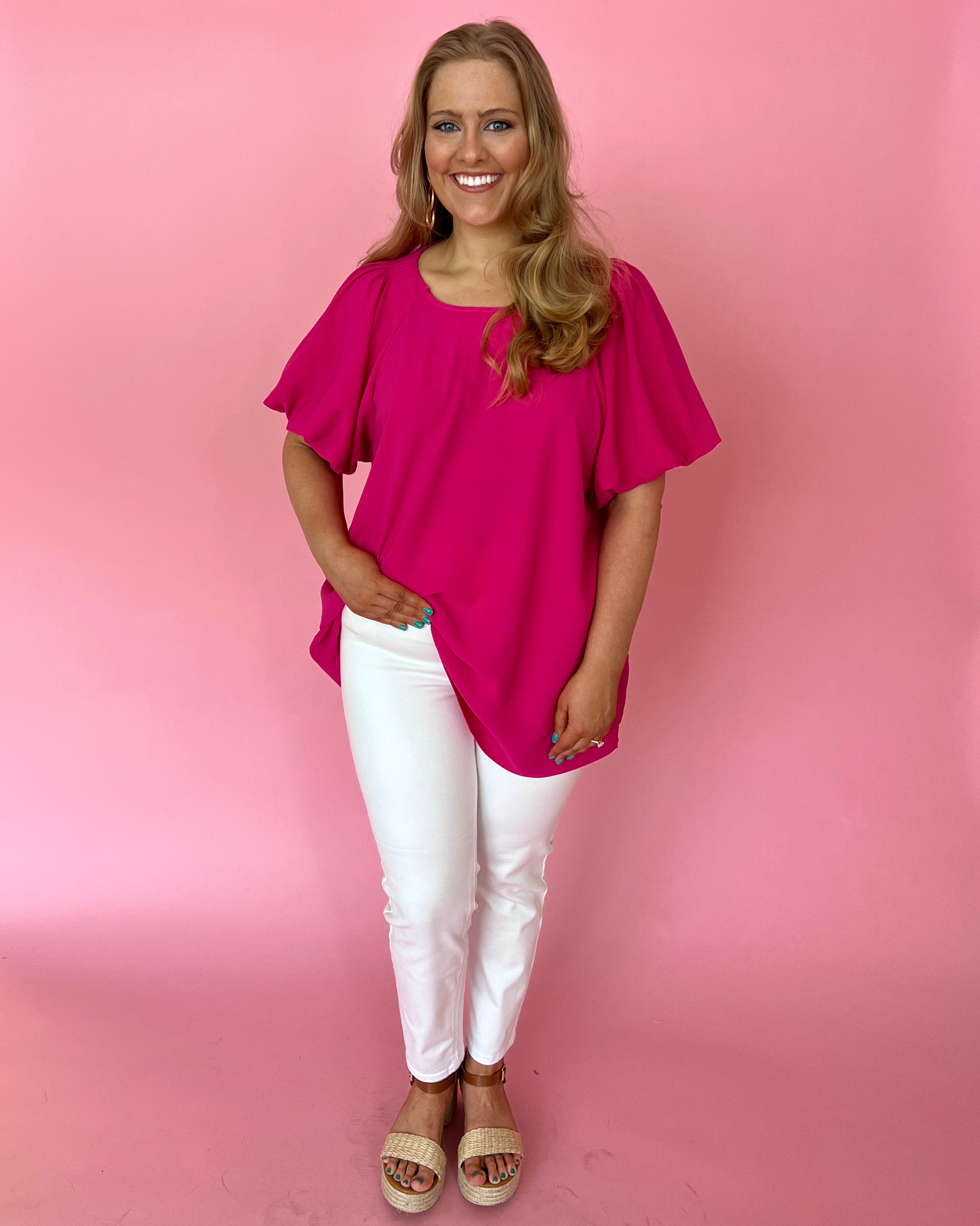My Dearest Darling Fuchsia Plus Puff Sleeve Round Neck Top-Shop-Womens-Boutique-Clothing