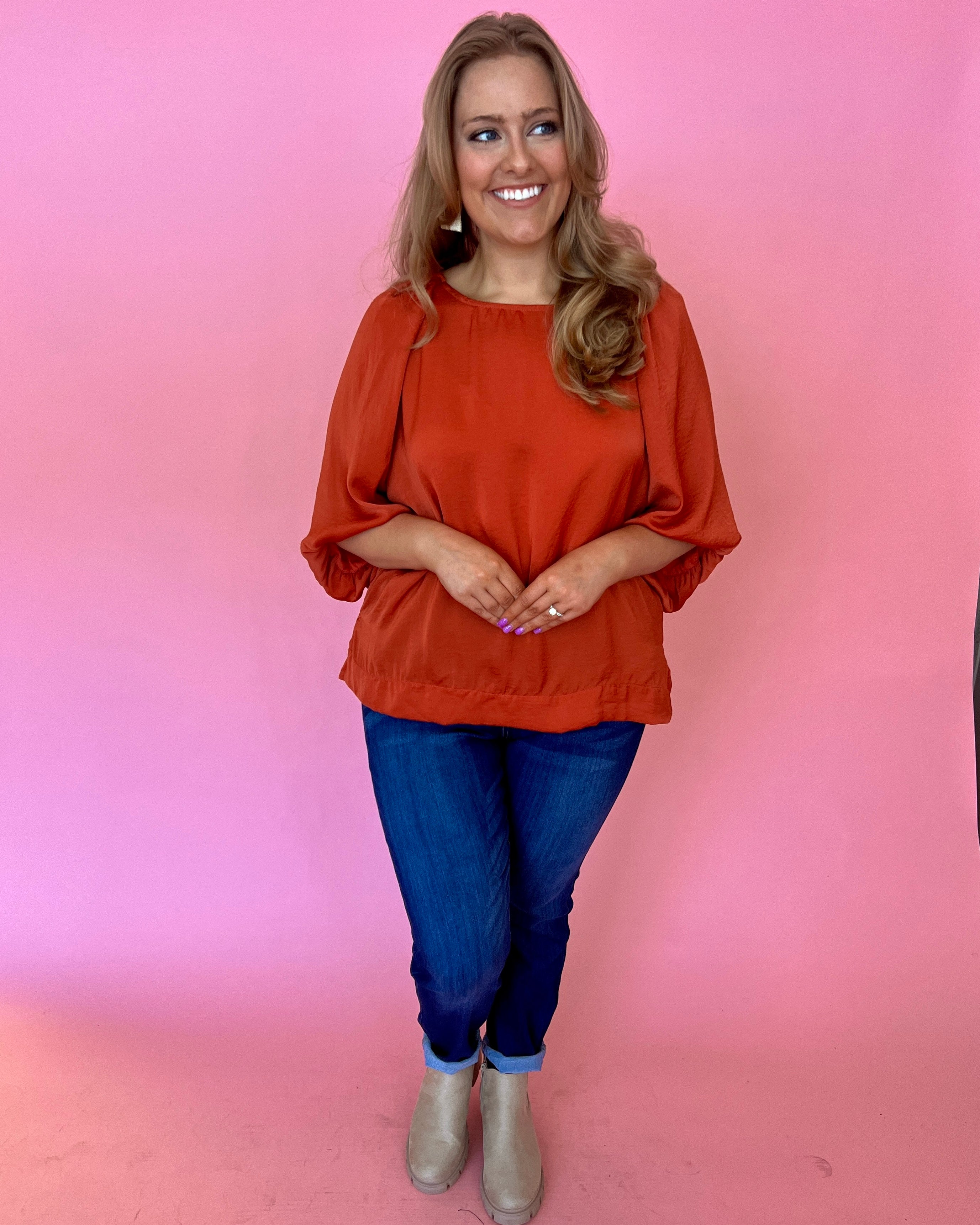 No Exceptions Sunset Plus Satin Balloon Sleeve Top-Shop-Womens-Boutique-Clothing