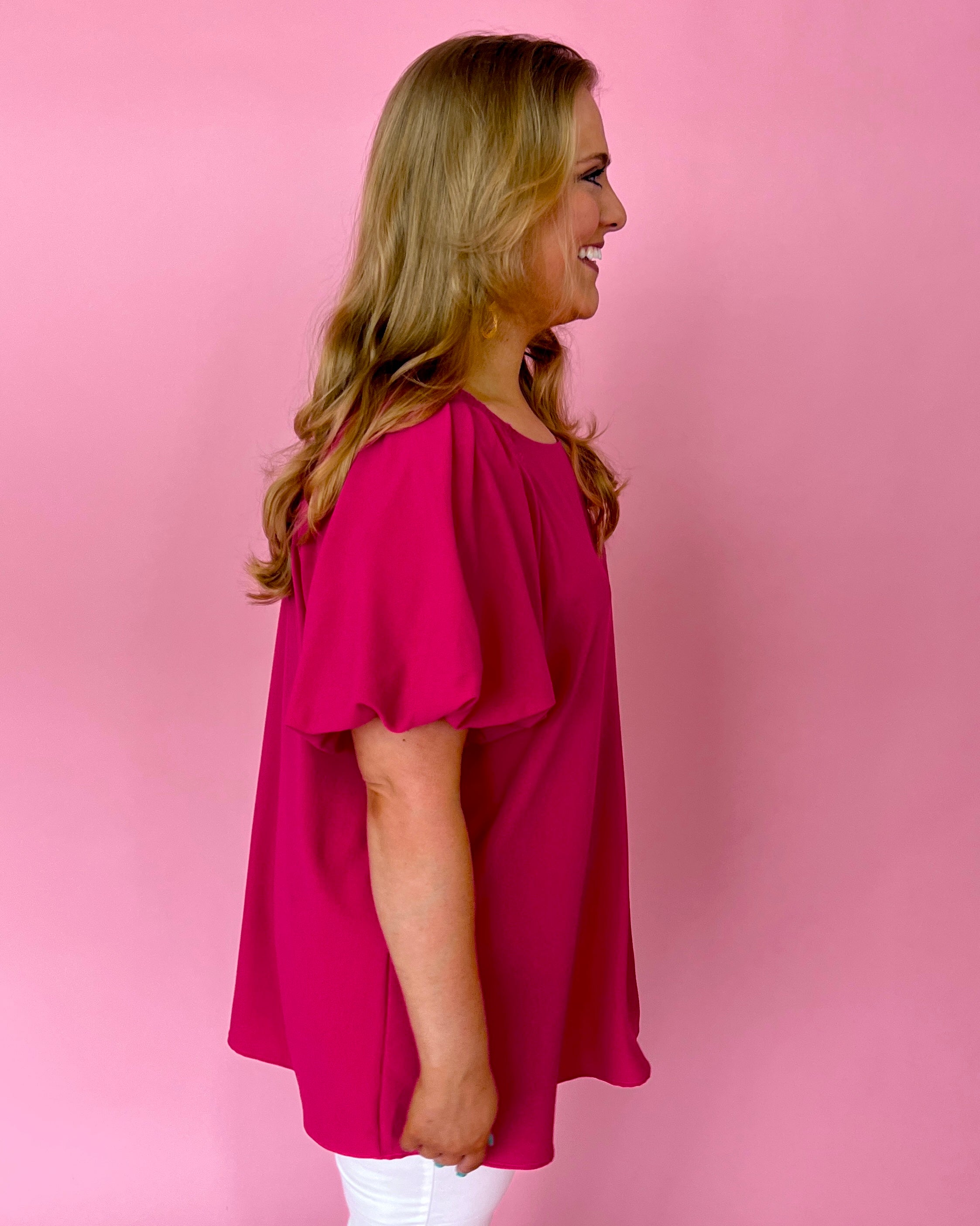 My Dearest Darling Fuchsia Plus Puff Sleeve Round Neck Top-Shop-Womens-Boutique-Clothing
