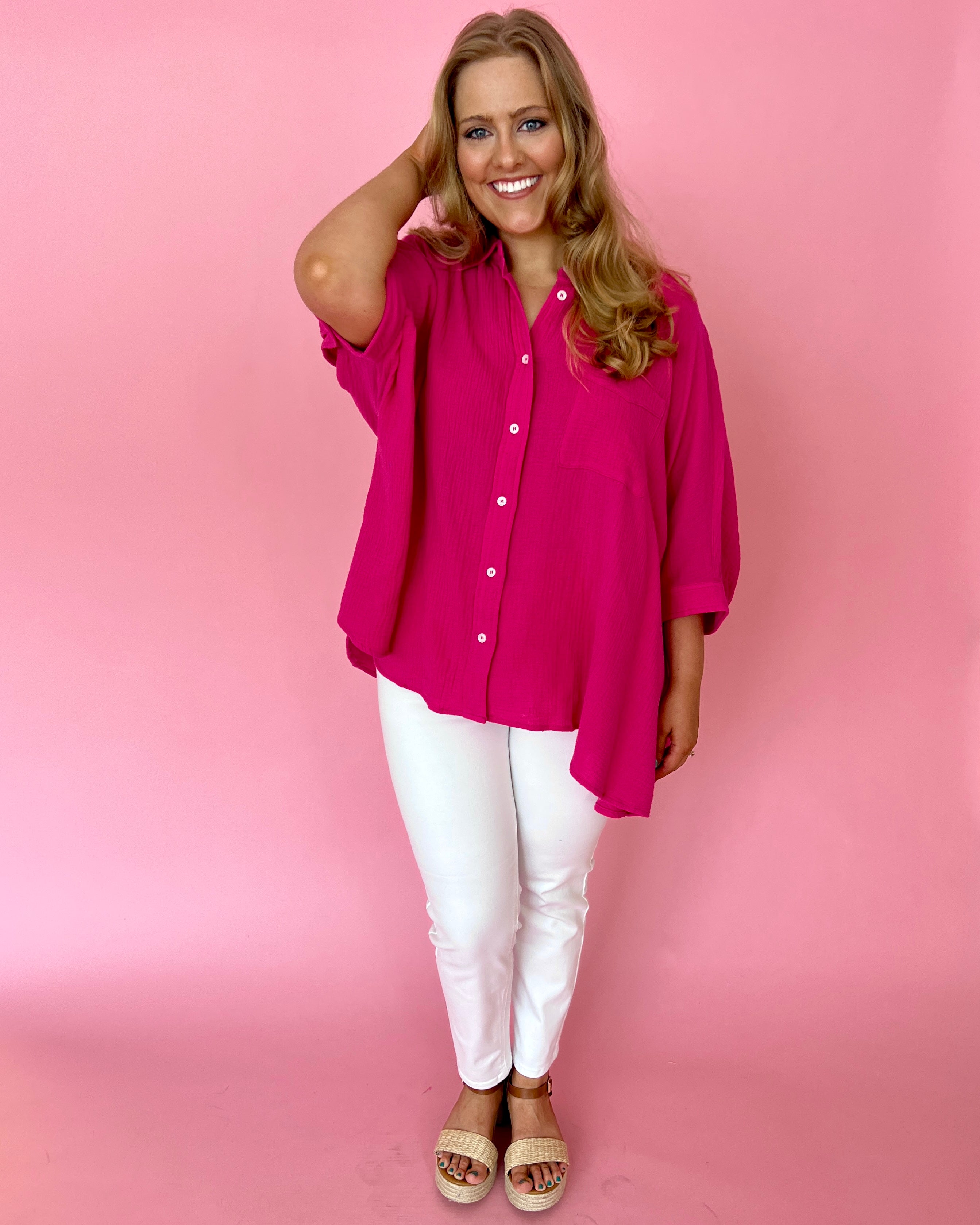 Days Of Summer Fuchsia Plus Gauze Button Down Dolman Top-Shop-Womens-Boutique-Clothing