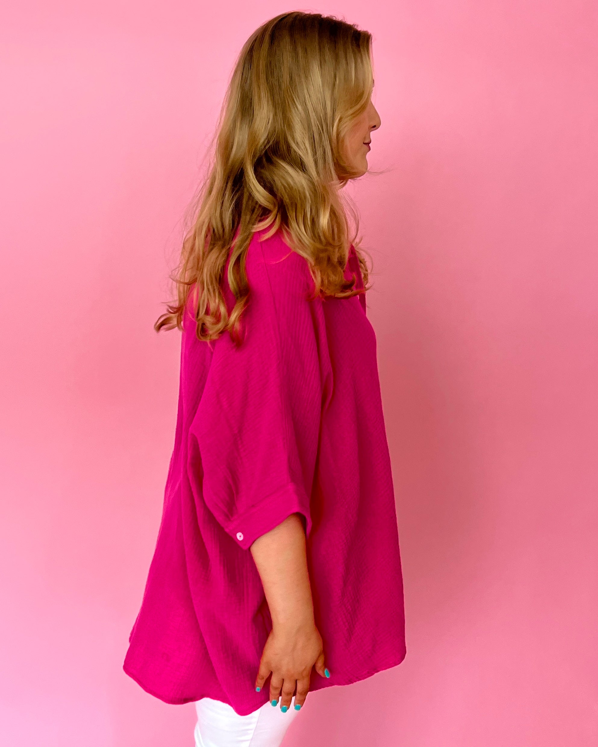 Days Of Summer Fuchsia Plus Gauze Button Down Dolman Top-Shop-Womens-Boutique-Clothing