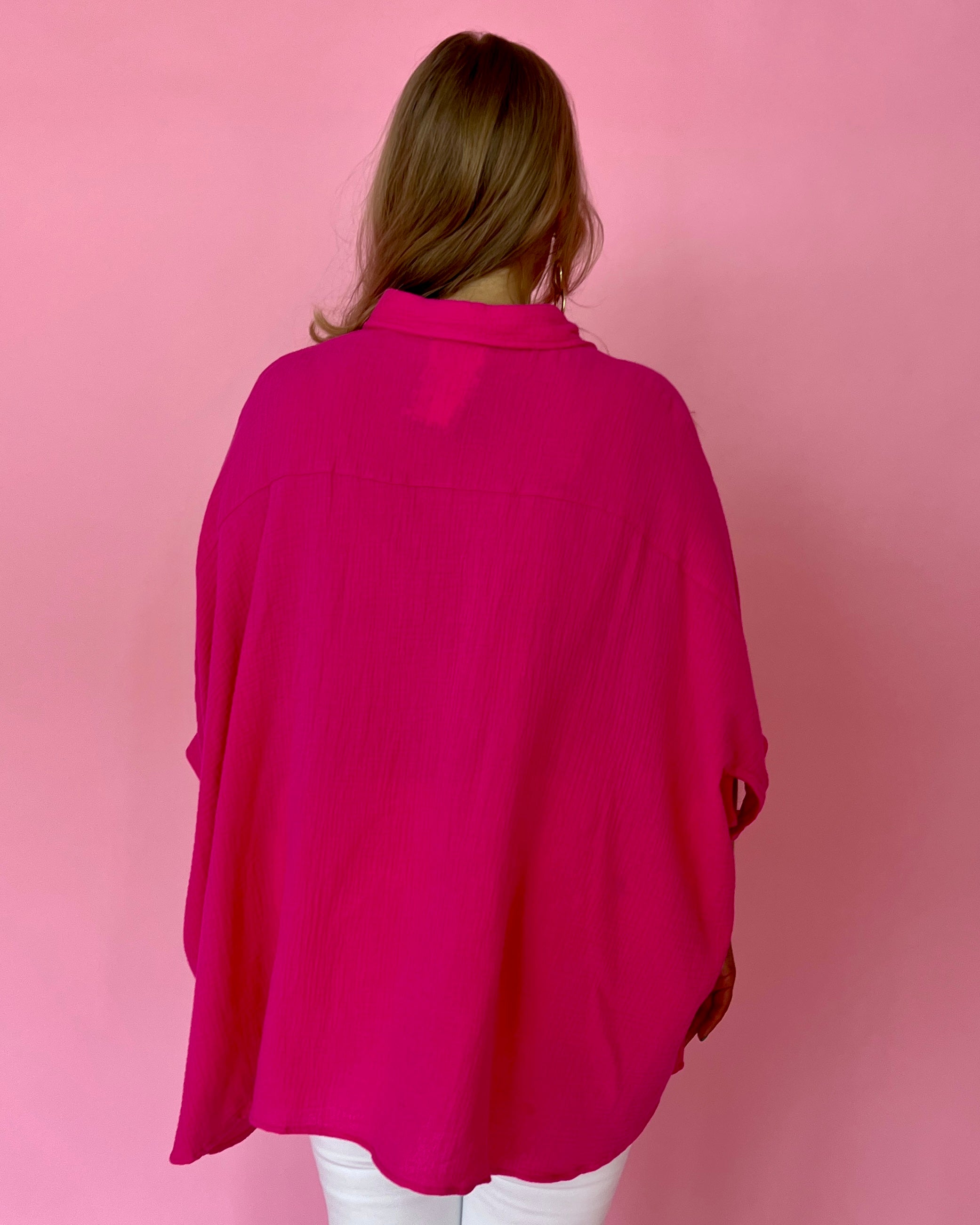Days Of Summer Fuchsia Plus Gauze Button Down Dolman Top-Shop-Womens-Boutique-Clothing