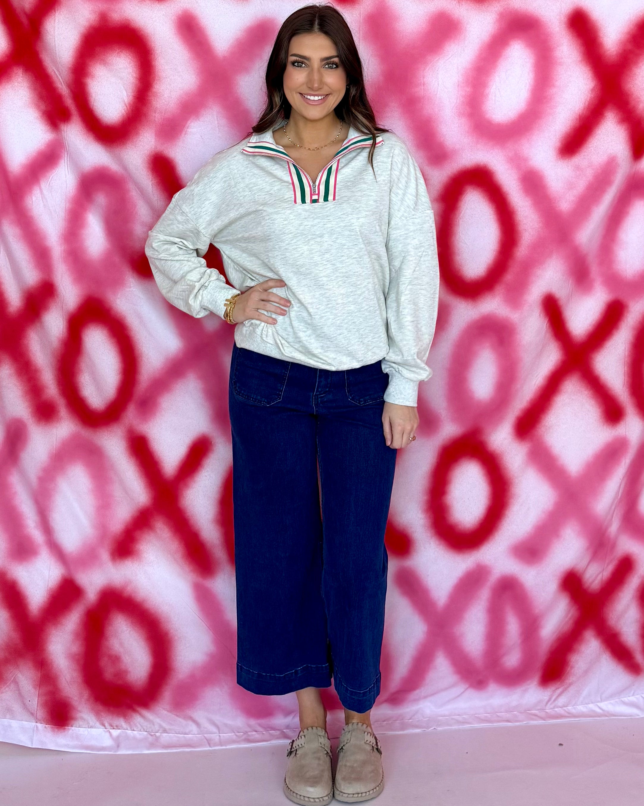 Best Essence Grey Contrast Stripe Collared Pullover-Shop-Womens-Boutique-Clothing