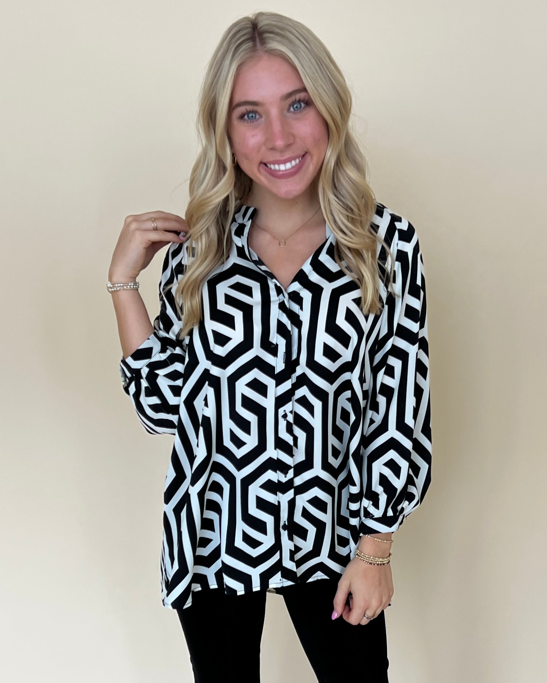 Your Move Black Geometric Button Down Top-Shop-Womens-Boutique-Clothing