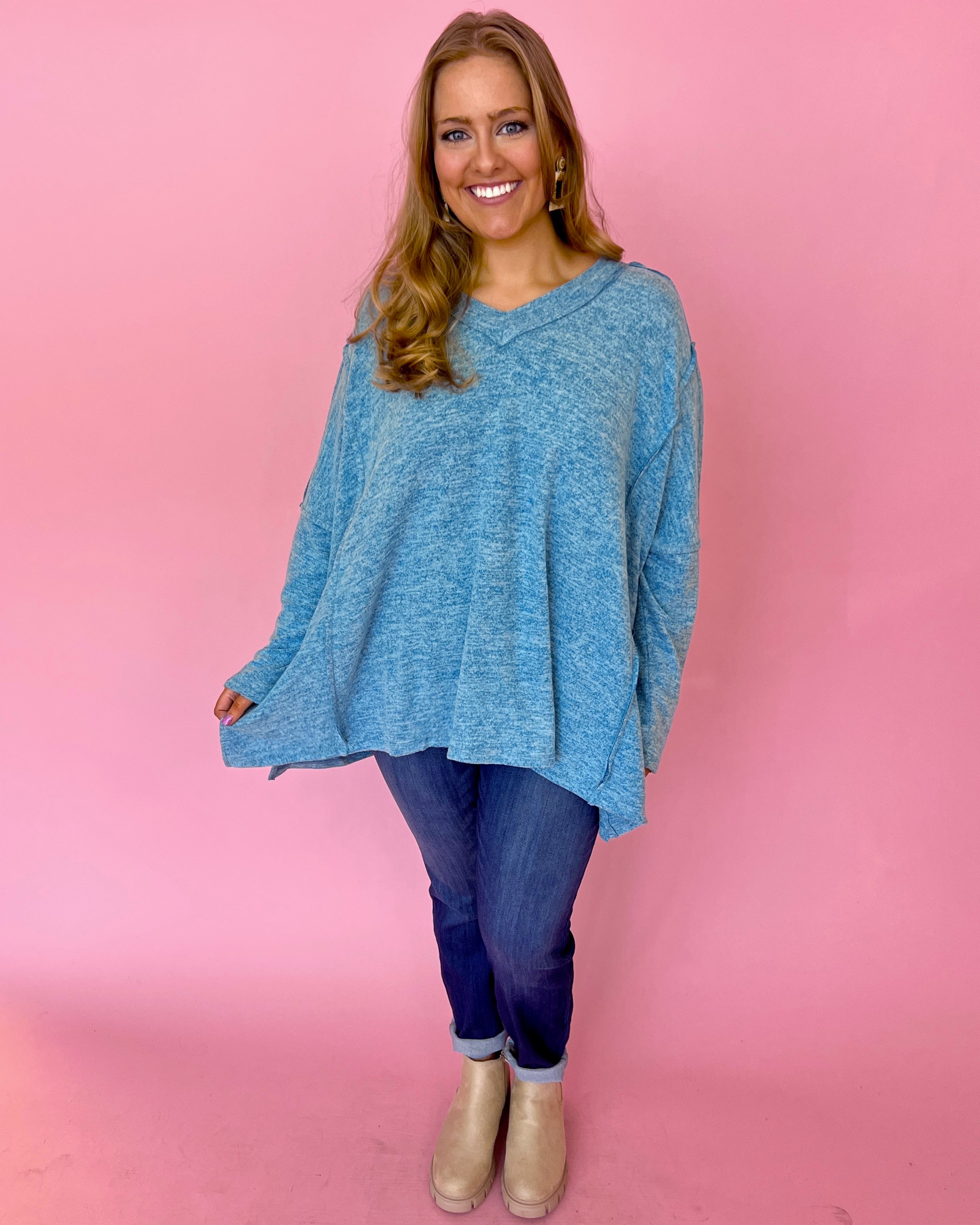 Cozying Up Peri Blue Plus Heathered V-neck Dolman Top-Shop-Womens-Boutique-Clothing