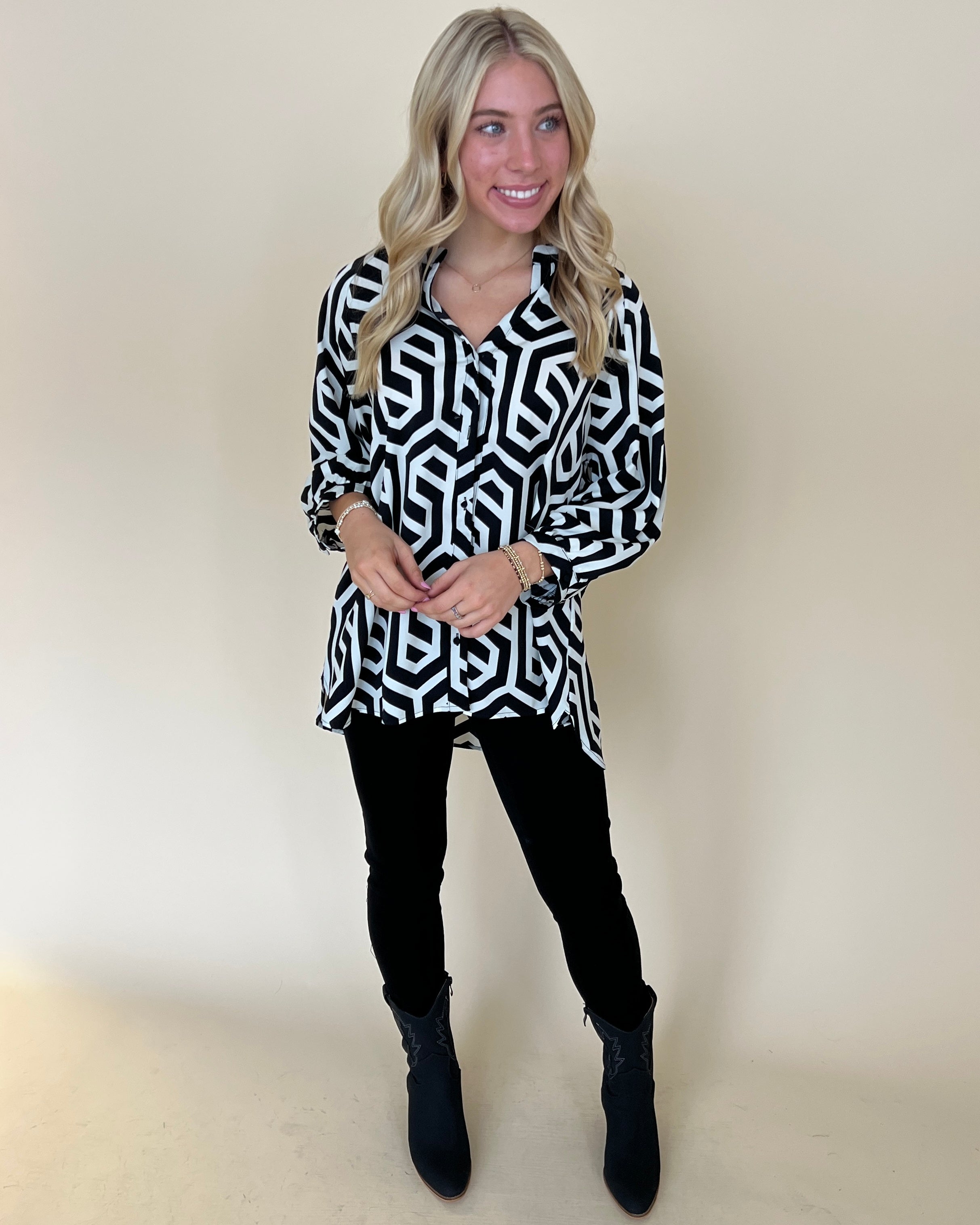 Your Move Black Geometric Button Down Top-Shop-Womens-Boutique-Clothing