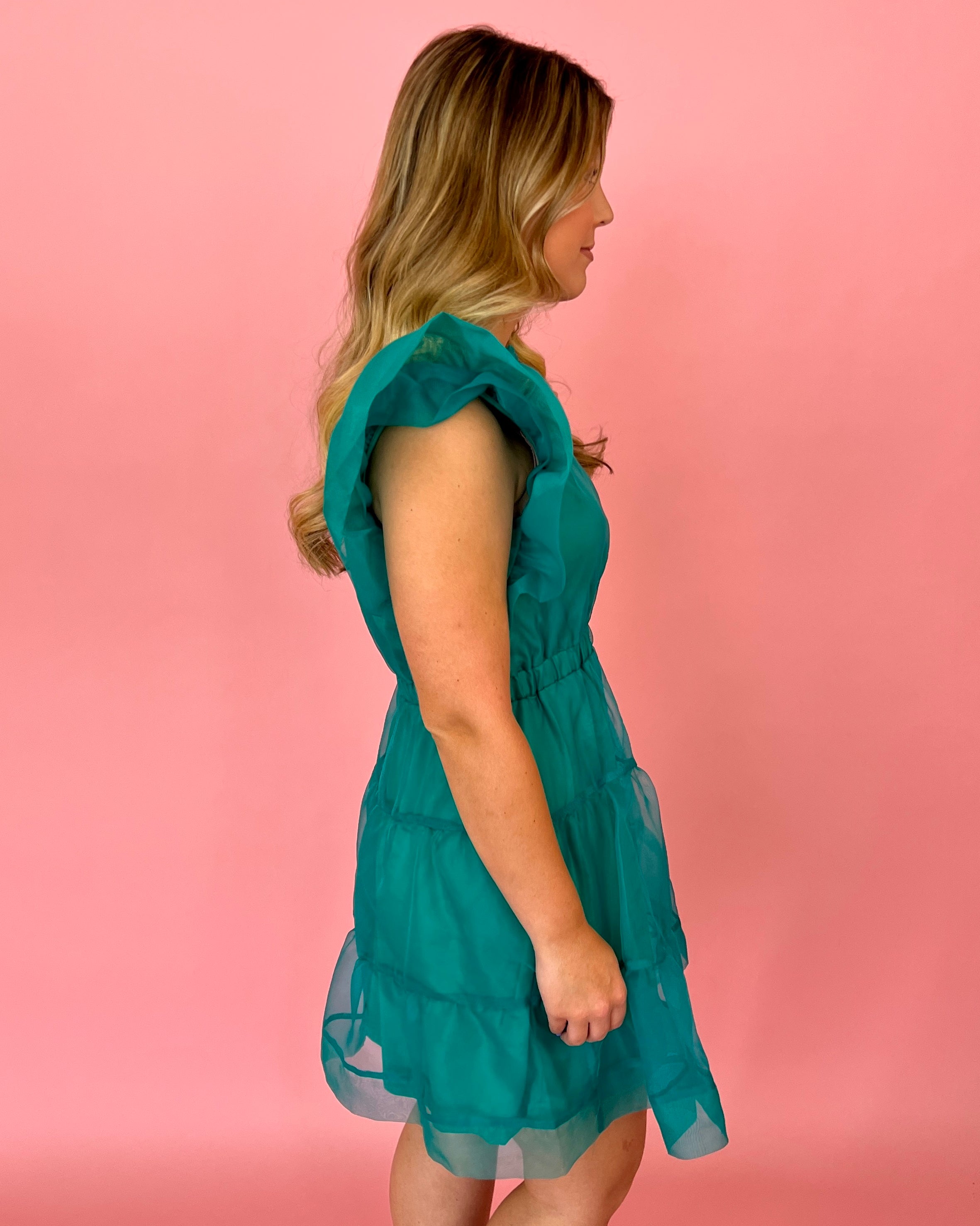 All Day Long Emerald Organza Ruffled Shoulder Dress-Shop-Womens-Boutique-Clothing