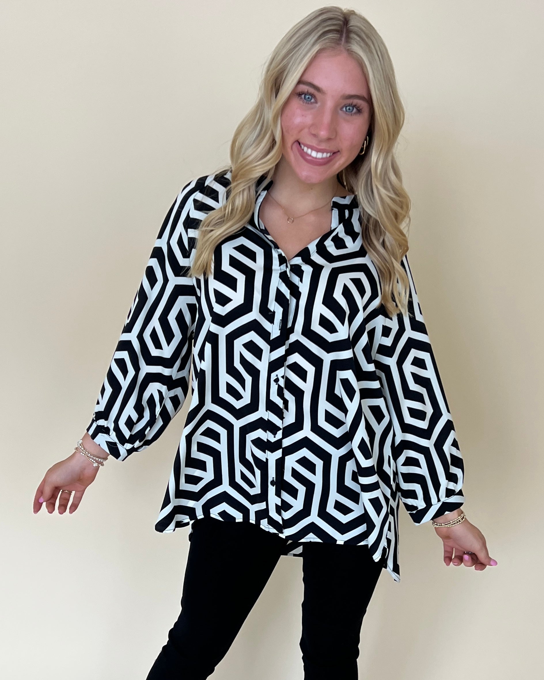 Your Move Black Geometric Button Down Top-Shop-Womens-Boutique-Clothing