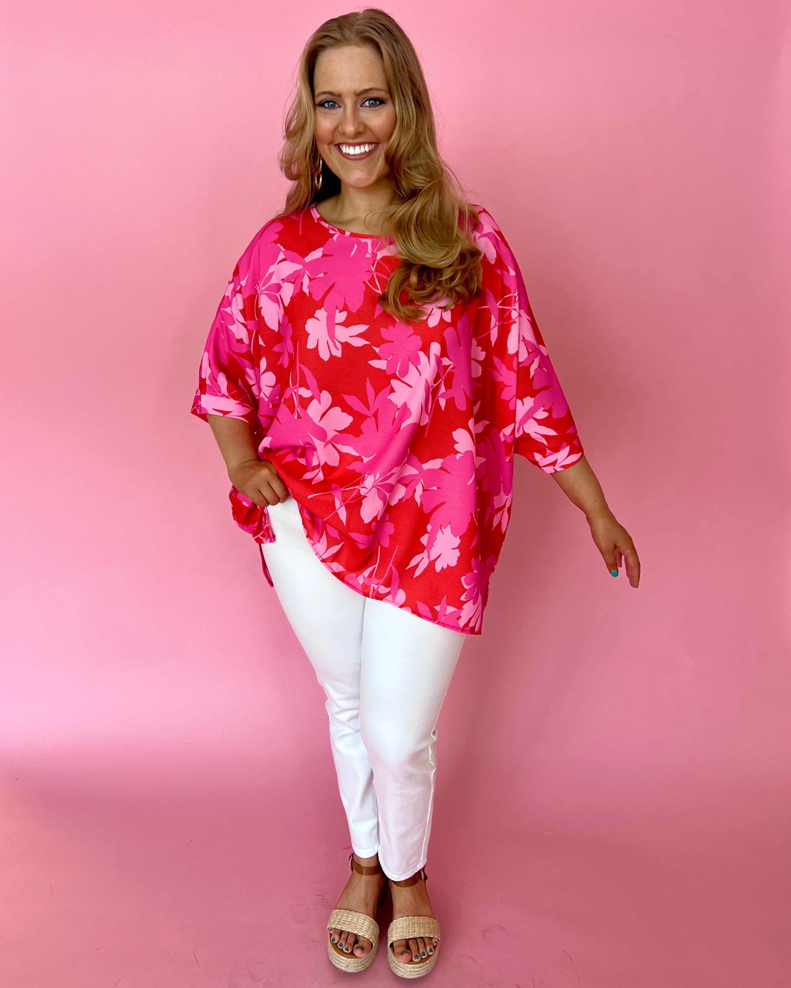 Floral Breeze Royal Plus Dolman Sleeve Side Slit Top-Shop-Womens-Boutique-Clothing