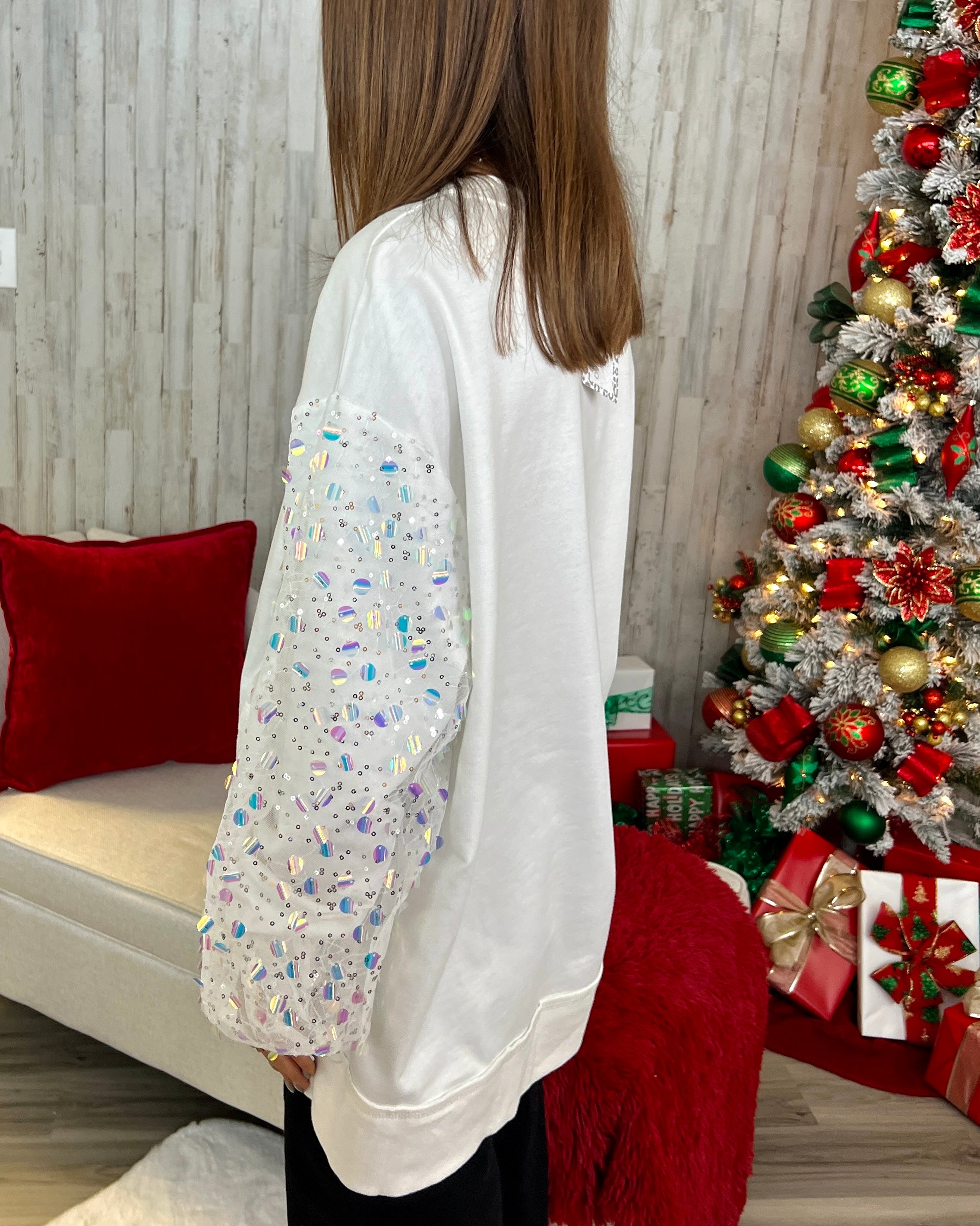All Shimmer White Mesh Sleeve Sequins Top-Shop-Womens-Boutique-Clothing