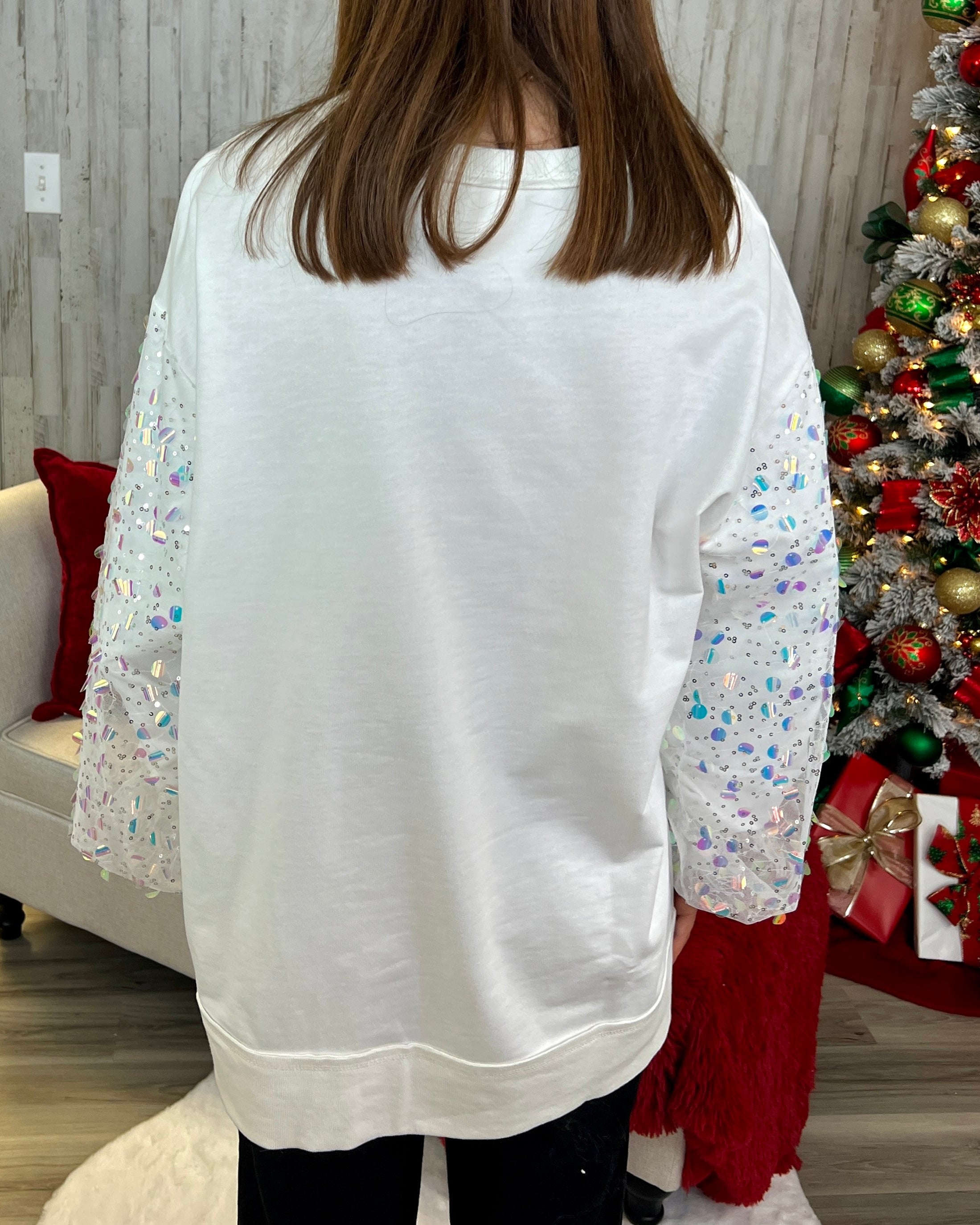 All Shimmer White Mesh Sleeve Sequins Top-Shop-Womens-Boutique-Clothing