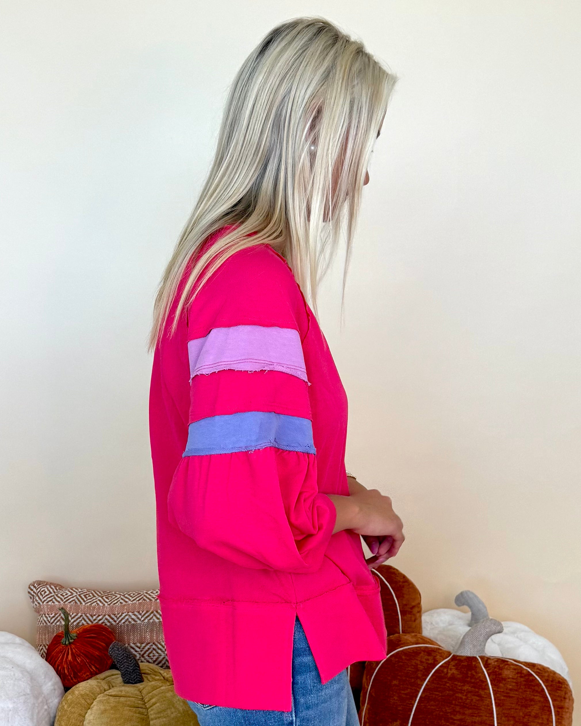 Fade Into You Fuchsia Colorblock Sleeve Top-Shop-Womens-Boutique-Clothing