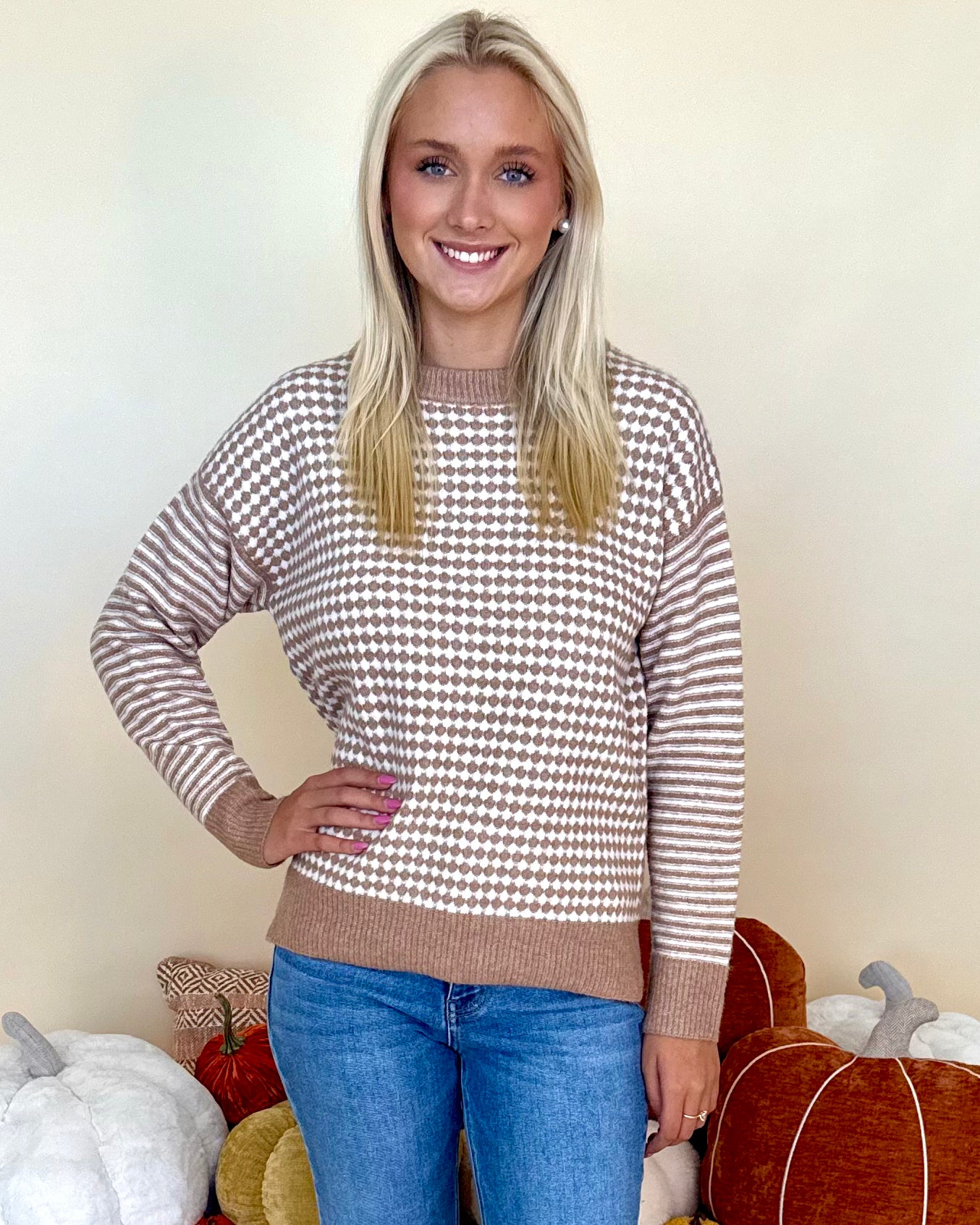 For Good Reason Lt Camel Checkerboard Sweater-Shop-Womens-Boutique-Clothing