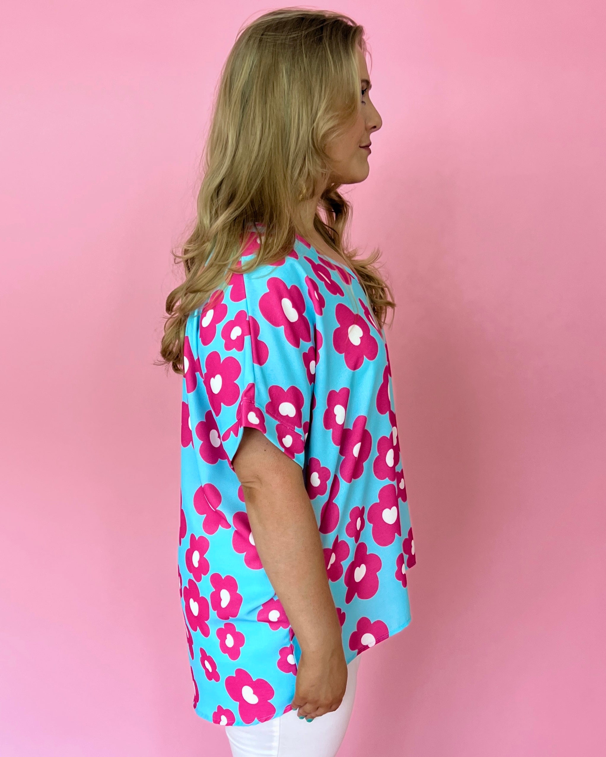 Back With Me Blue Plus Floral Drop Shoulder Top-Shop-Womens-Boutique-Clothing