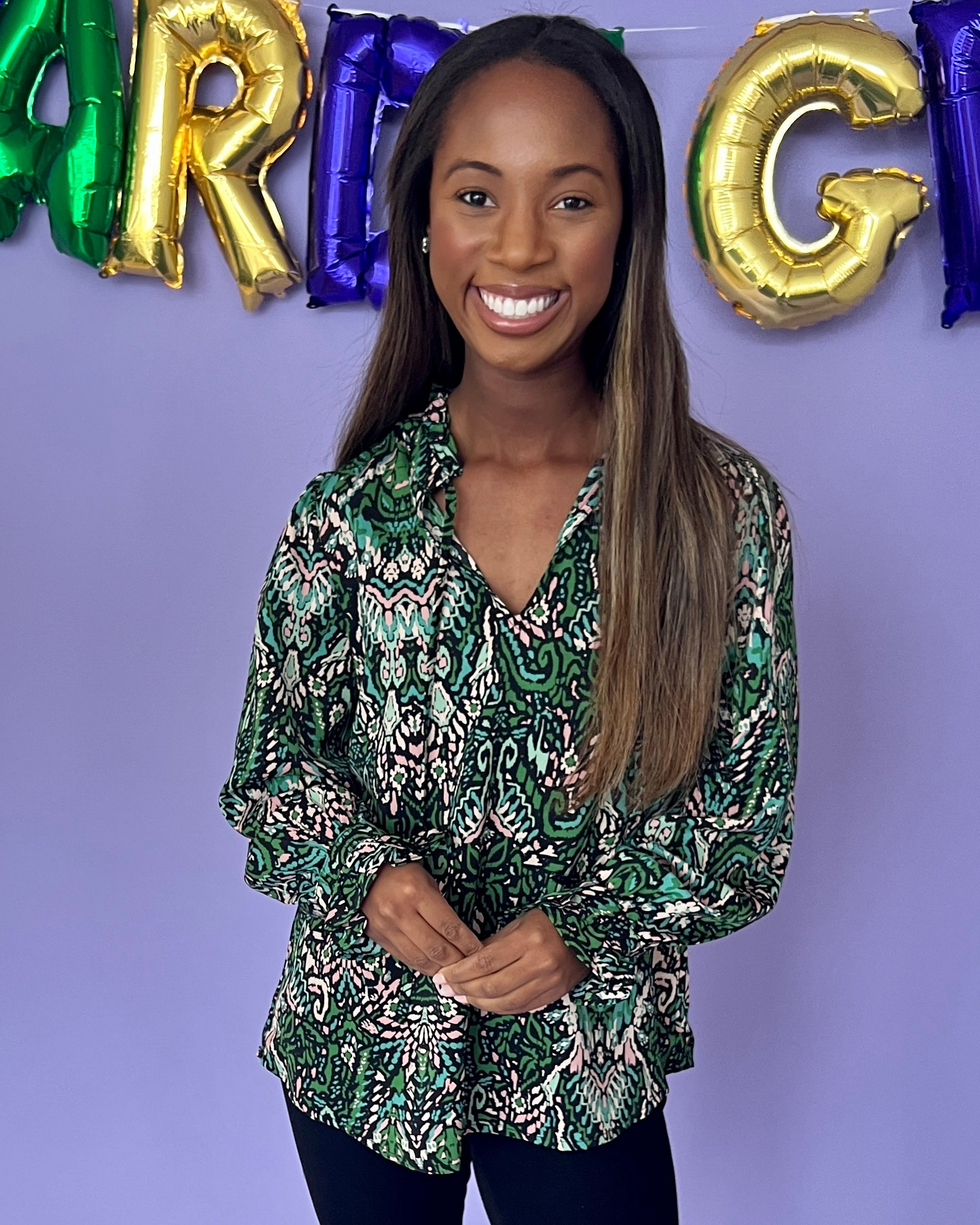 New Chapter Green Printed Split Neck Top-Shop-Womens-Boutique-Clothing