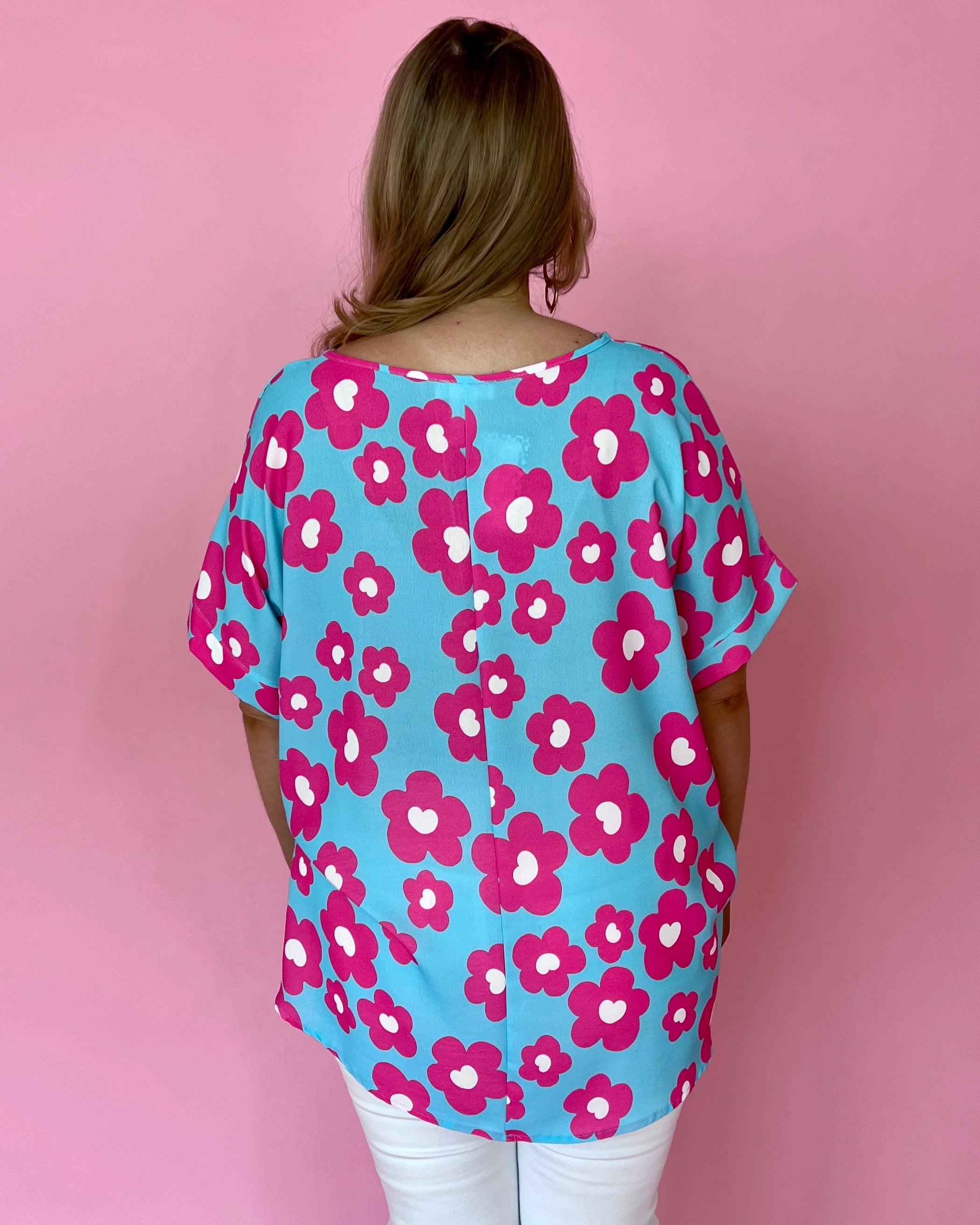 Back With Me Blue Plus Floral Drop Shoulder Top-Shop-Womens-Boutique-Clothing